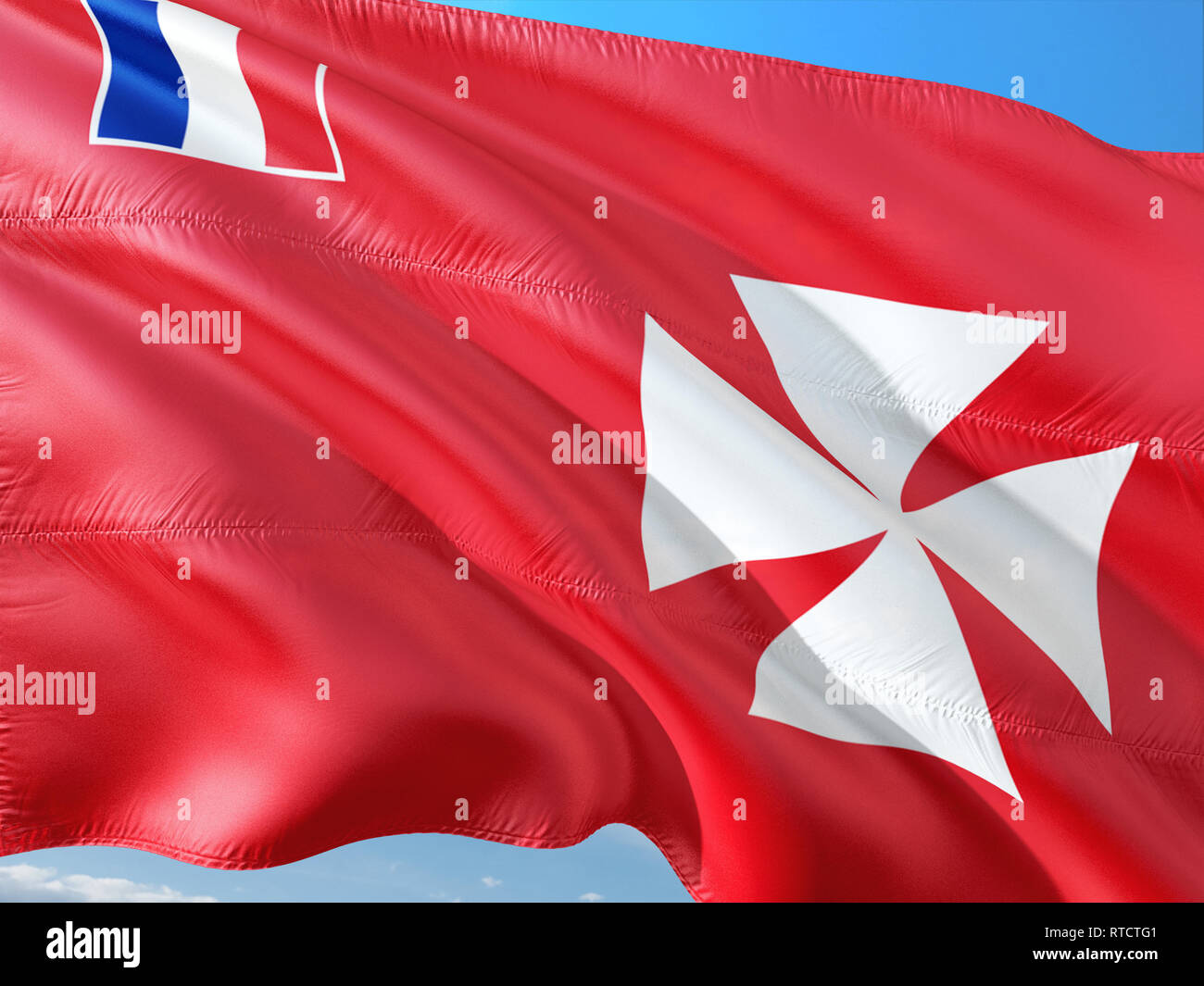 Flagge von Wallis und Futuna winken im Wind gegen den tiefblauen Himmel. Hochwertige Qualität aus. Stockfoto