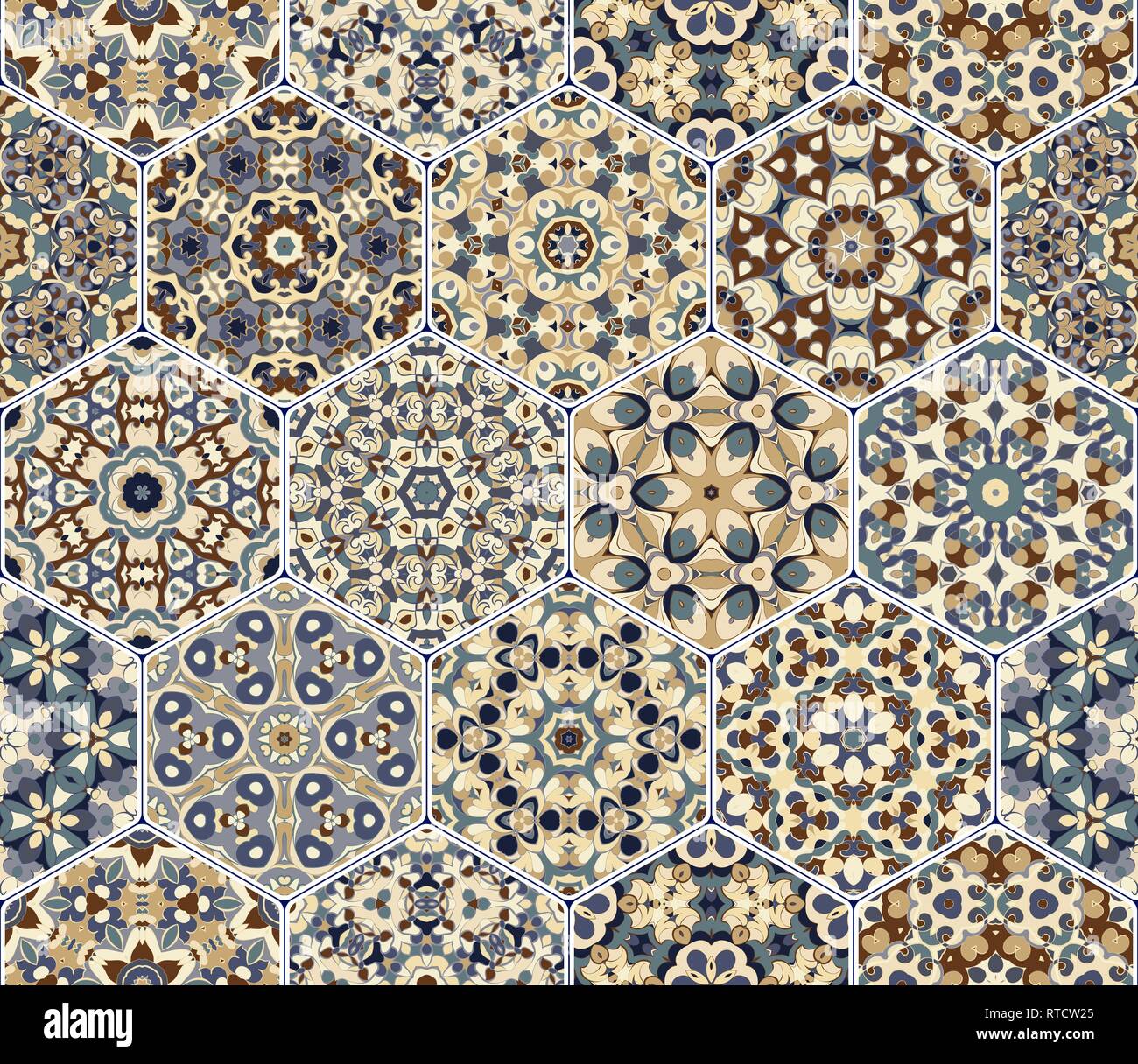 Nahtlose sechseckige Fliesen Mosaik in Vektor einrichten. Orientalische und ethnische Motive in Design Patterns. Stock Vektor