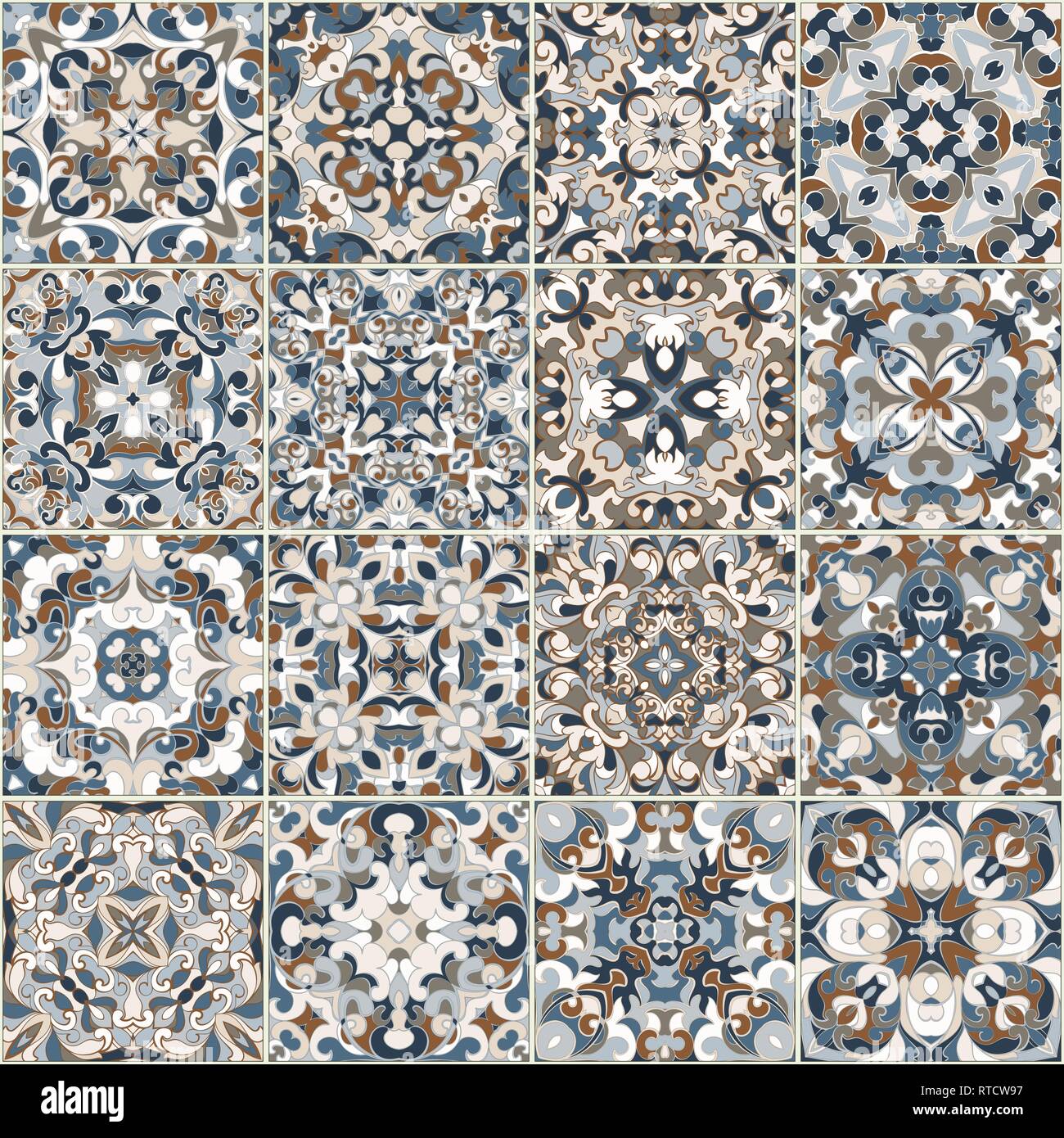 Eine Sammlung von Keramikfliesen in Blau retro Farben. Eine Reihe von quadratischen Muster im ethnischen Stil. Vector Illustration. Stock Vektor