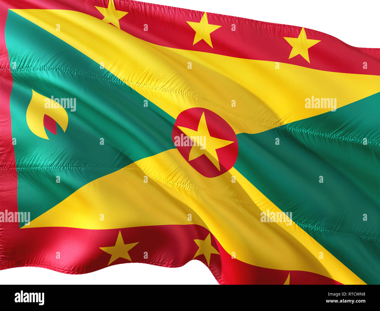 Flagge Grenada winken im Wind, isolierten weißen Hintergrund. Stockfoto