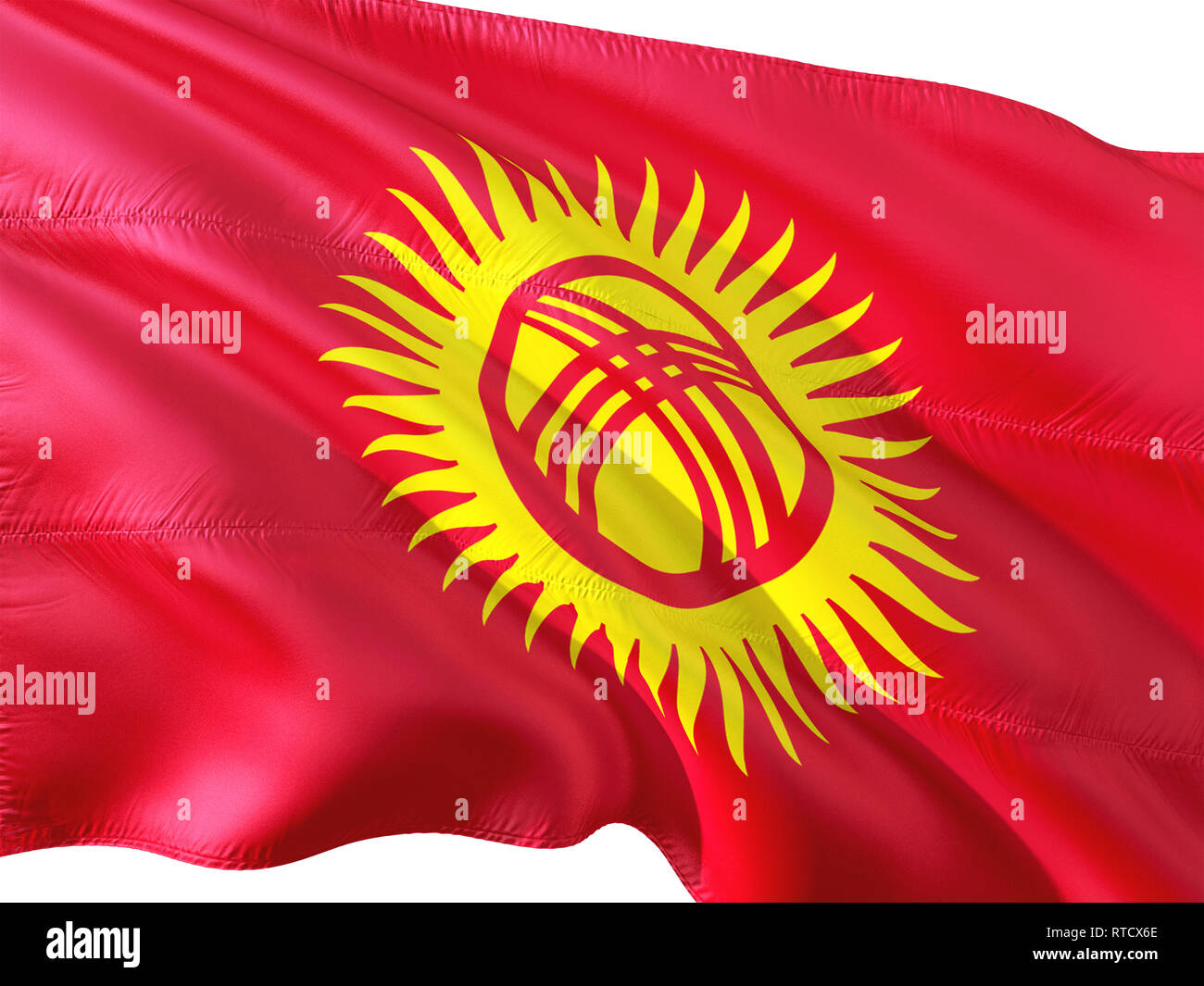 Flagge von Kyrgyzstan winken im Wind, isolierten weißen Hintergrund. Stockfoto