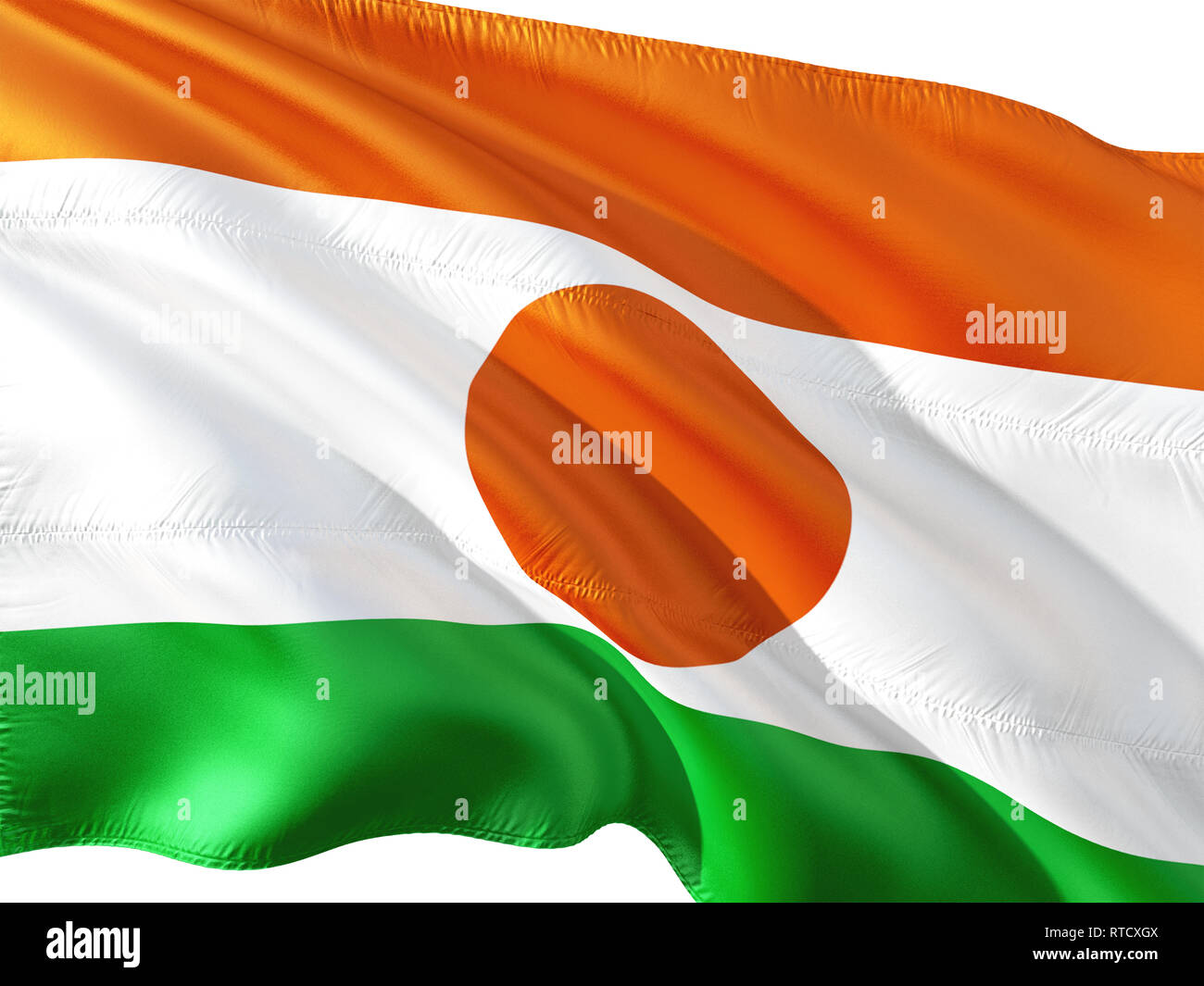 Flagge Niger winken im Wind, isolierten weißen Hintergrund. 3D-rendering Gewebe. Stockfoto