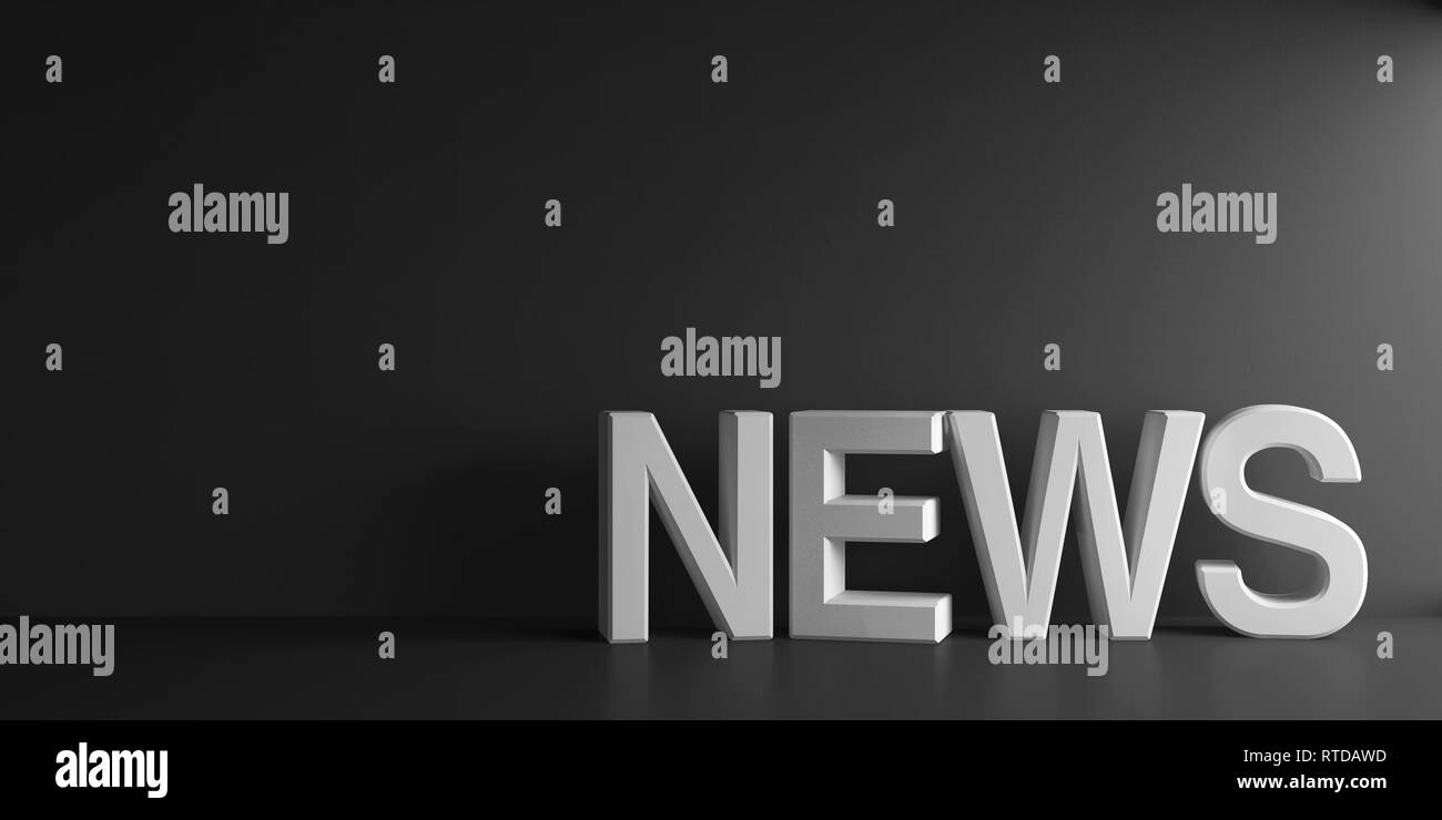 Weiß Wort Nachrichten auf dunkelgrauem Hintergrund, 3D-Rendering, 3D-Darstellung Stockfoto