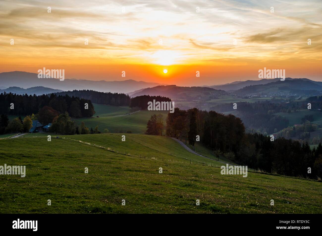 Blick auf die hügelige Landschaft im Herbst, Sonnenuntergang, in der Nähe von St. Märgen, Schwarzwald, Baden-Württemberg, Deutschland Stockfoto