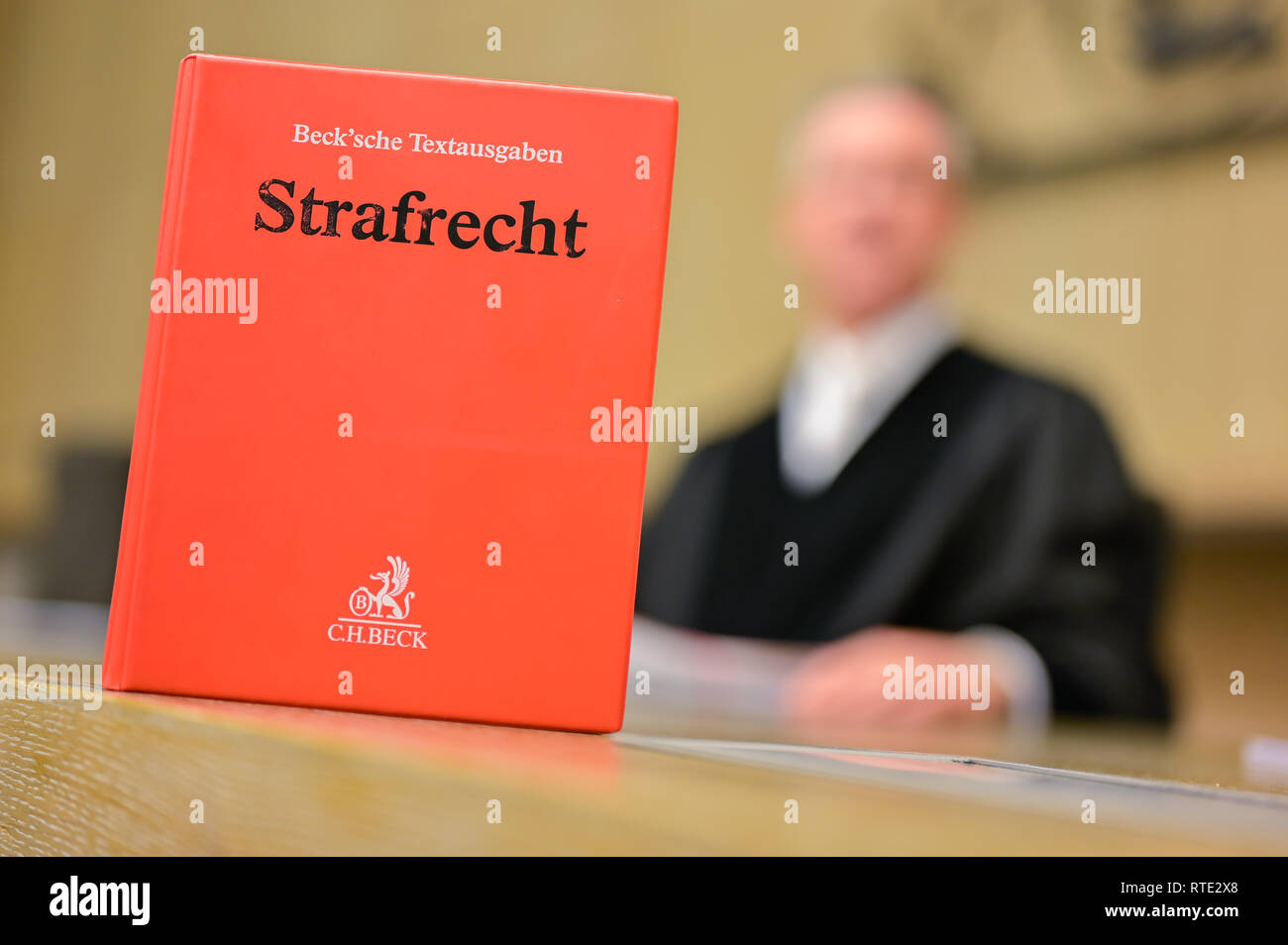 28. Februar 2019, Baden-Württemberg, Mannheim: ein Richter sitzt in einem Konferenzraum des Landgerichts an der Bank hinter einem Buch mit der Inschrift "Strafrecht". Foto: Uwe Anspach/dpa Stockfoto