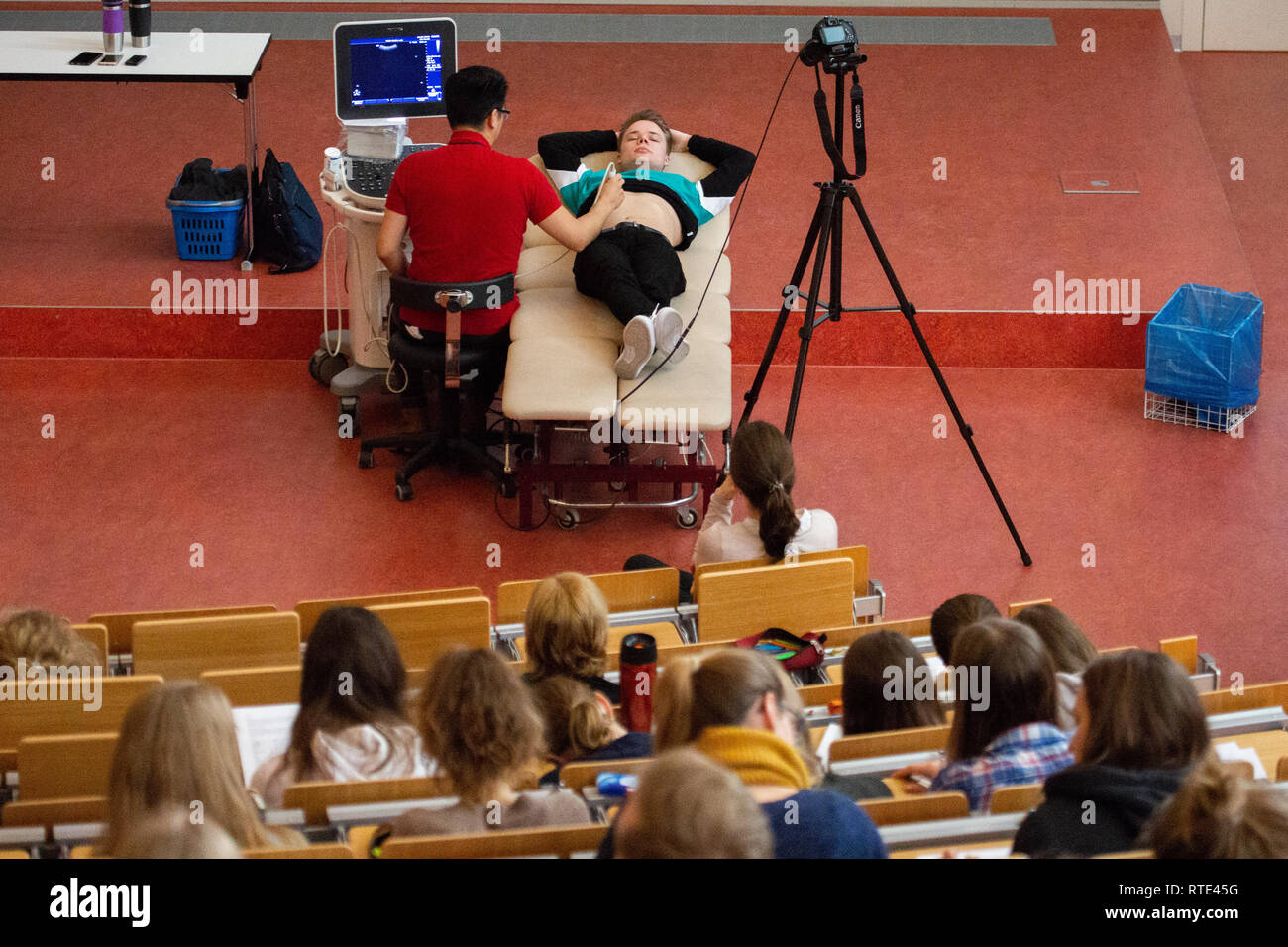 Hannover, Deutschland. 28 Feb, 2019. Studierende der Medizin folgen einem interaktiven Vortrag mit Ultraschall Geräte im Hörsaal F der Medizinischen Hochschule Hannover MHH. In der Vorlesung werden die Studenten lernen, wie man ein Ultraschallgerät und unterschiedliche Ansätze für Diagnosen zu verwenden. Credit: Raphael Knipping/dpa/Alamy leben Nachrichten Stockfoto