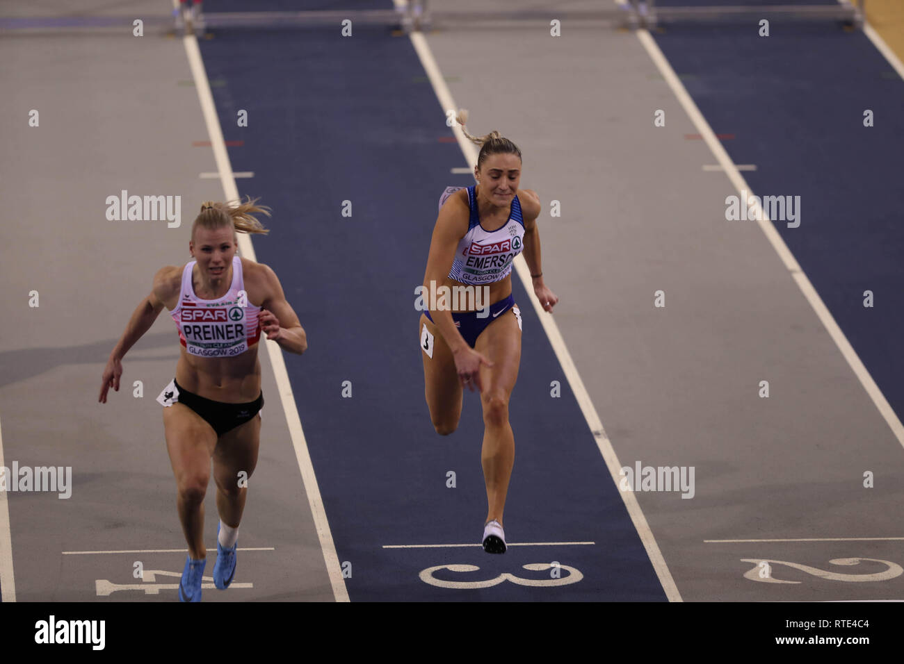 Glasgow, UK. 1 Mär, 2019. Niamh Emerson der GBR in ihrer Hitze der Fünfkampf der Frauen Hürden bei der Hallen Leichtathletik WM 2019 Credit: Ben Stand/Alamy leben Nachrichten Stockfoto