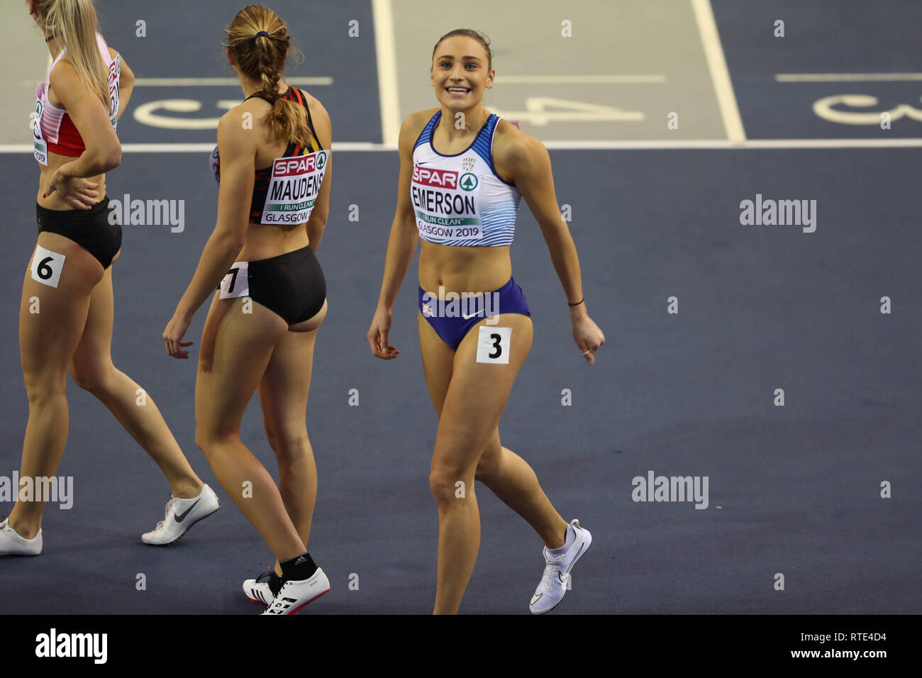 Glasgow, UK. 1 Mär, 2019. Niamh Emerson der GBR in ihrer Hitze der Fünfkampf der Frauen Hürden bei der Hallen Leichtathletik WM 2019 Credit: Ben Stand/Alamy leben Nachrichten Stockfoto