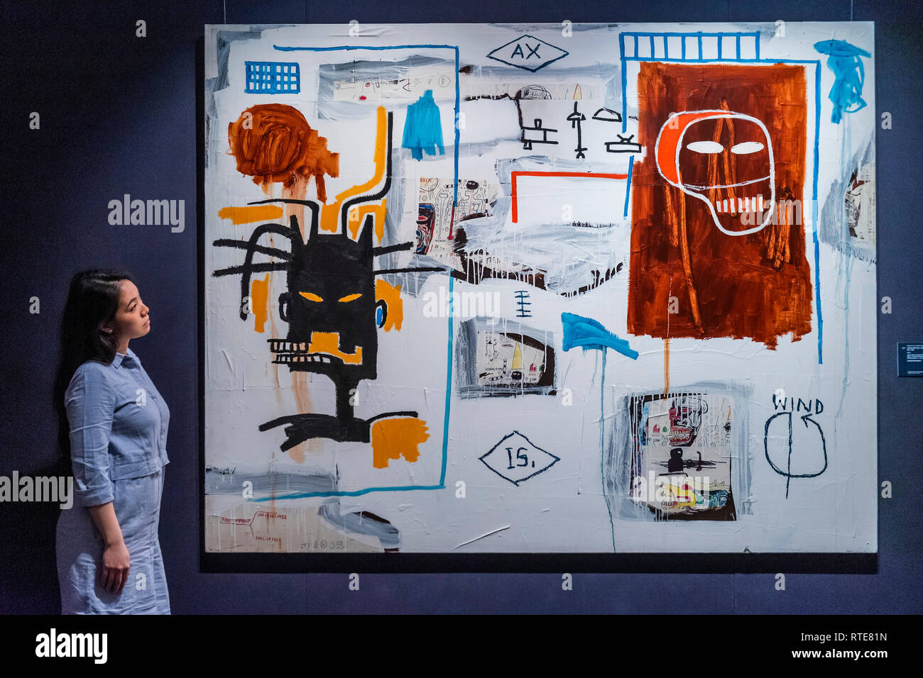 London, Großbritannien. 1. Mär 2019. Jean-Michel Basquiat, Apex, 1986, Schätzung, £ 5-7 m - eine Vorschau vor Sotheby's Zeitgenössische Kunst Abend Auktion bei Sotheby's New Bond Street, London. Die Auktion wird am 5. März stattfinden. Credit: Guy Bell/Alamy leben Nachrichten Stockfoto