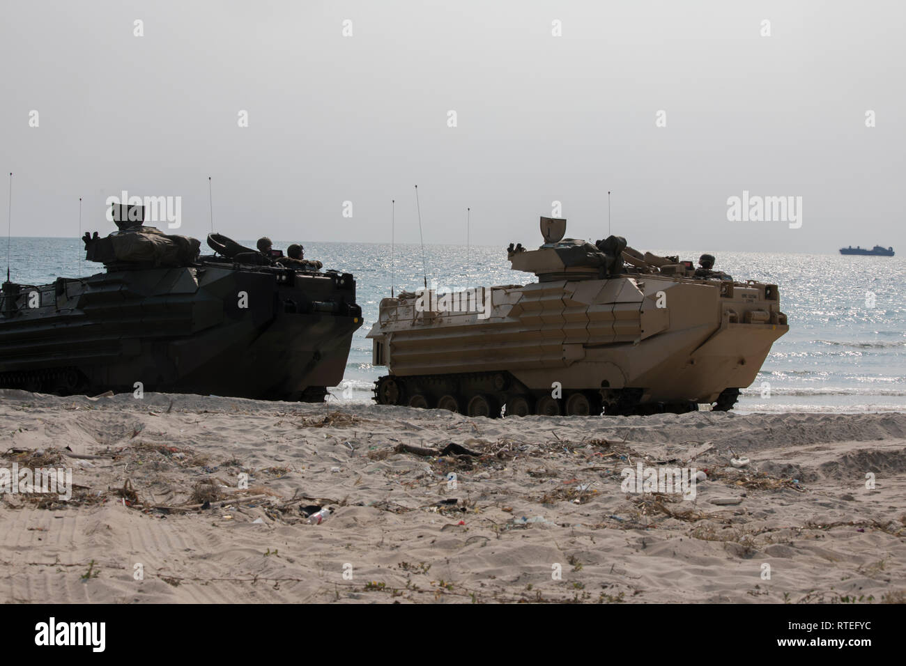 Marines mit Bataillon Landung Team 1/4, von der Marine Maritime Vorpositionierung Kraft Schiff entladen, die U.S.N.S. (Pililaau TAKR-304), 10. Februar 2019, in Thaliand. Die amphibisches Fahrzeuge dischareged als Teil von Cobra Gold 19 zur Unterstützung der Bekämpfung der Logistik Regiment 3. (U.S. Marine Corps Foto von Cpl. Jamin M. Powell) Stockfoto