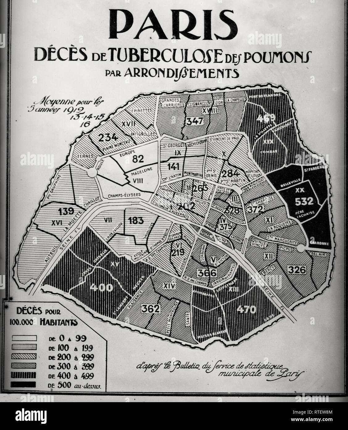 Übersicht über die Sterblichkeit durch Lungentuberkulose in jedem der zwanzig Arrondissements von Paris. Juli 1918 Stockfoto