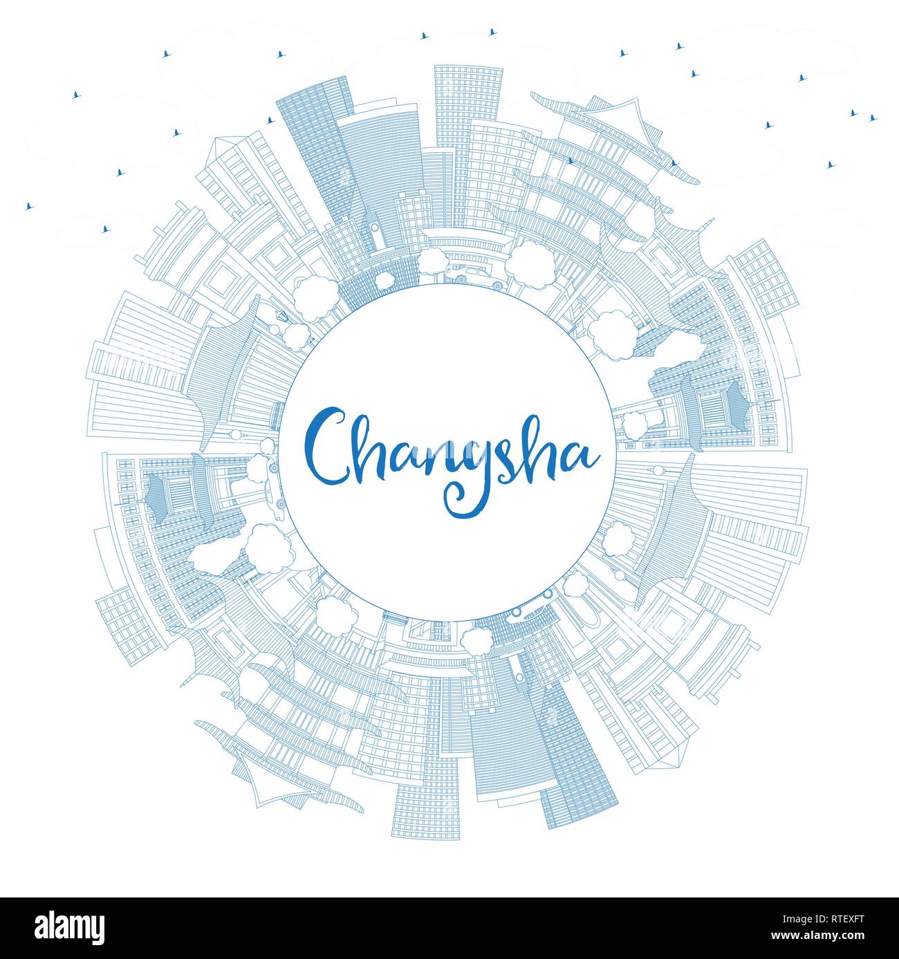 Umrisse Changsha China City Skyline mit blauen Gebäude und Kopieren. Vector Illustration. Business Travel und Tourismus Konzept. Stock Vektor