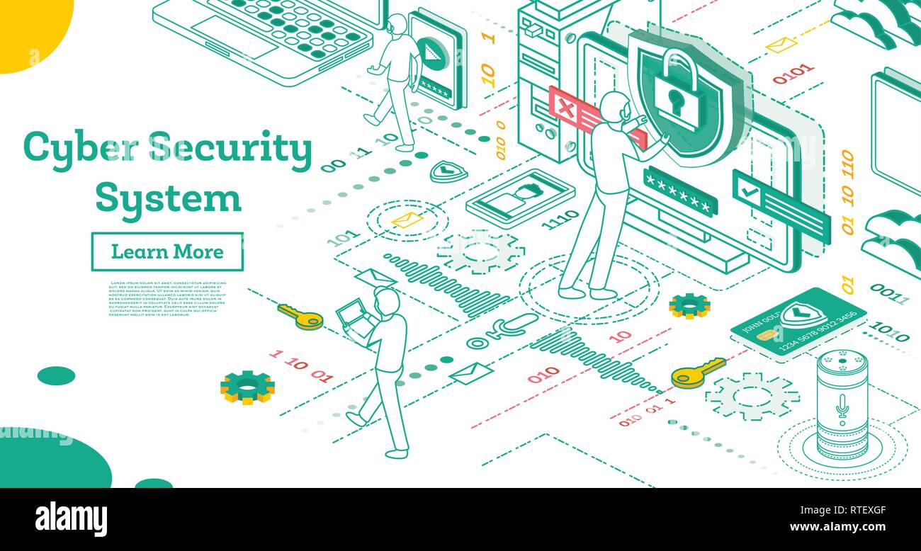 Übersicht Cyber Security Konzept. Isometrische Darstellung isoliert auf Weiss. Datenschutz Konzept. Kreditkarte prüfen und Software auf Daten zugreifen. Stock Vektor
