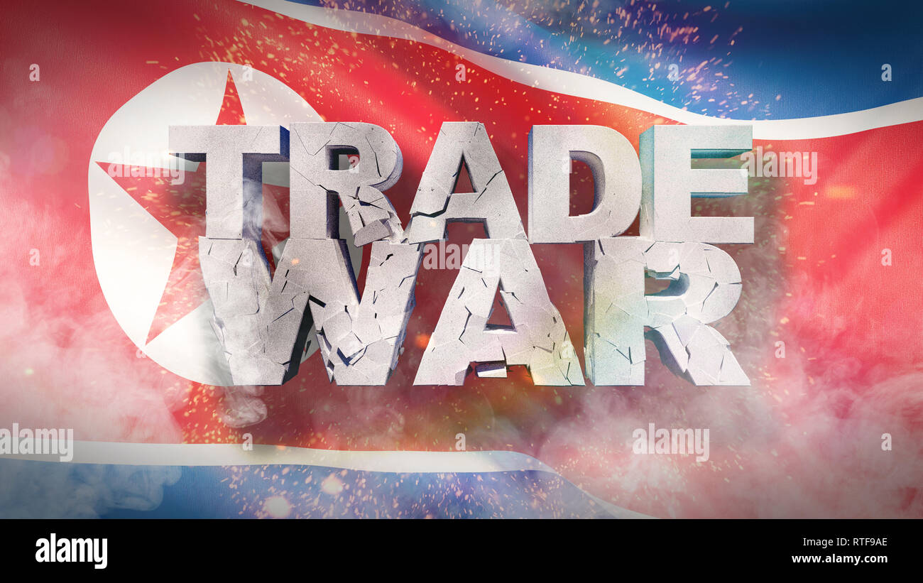 Handelskrieg Konzept. Risse im Text auf Fahne von Nordkorea. 3D-Darstellung. Stockfoto