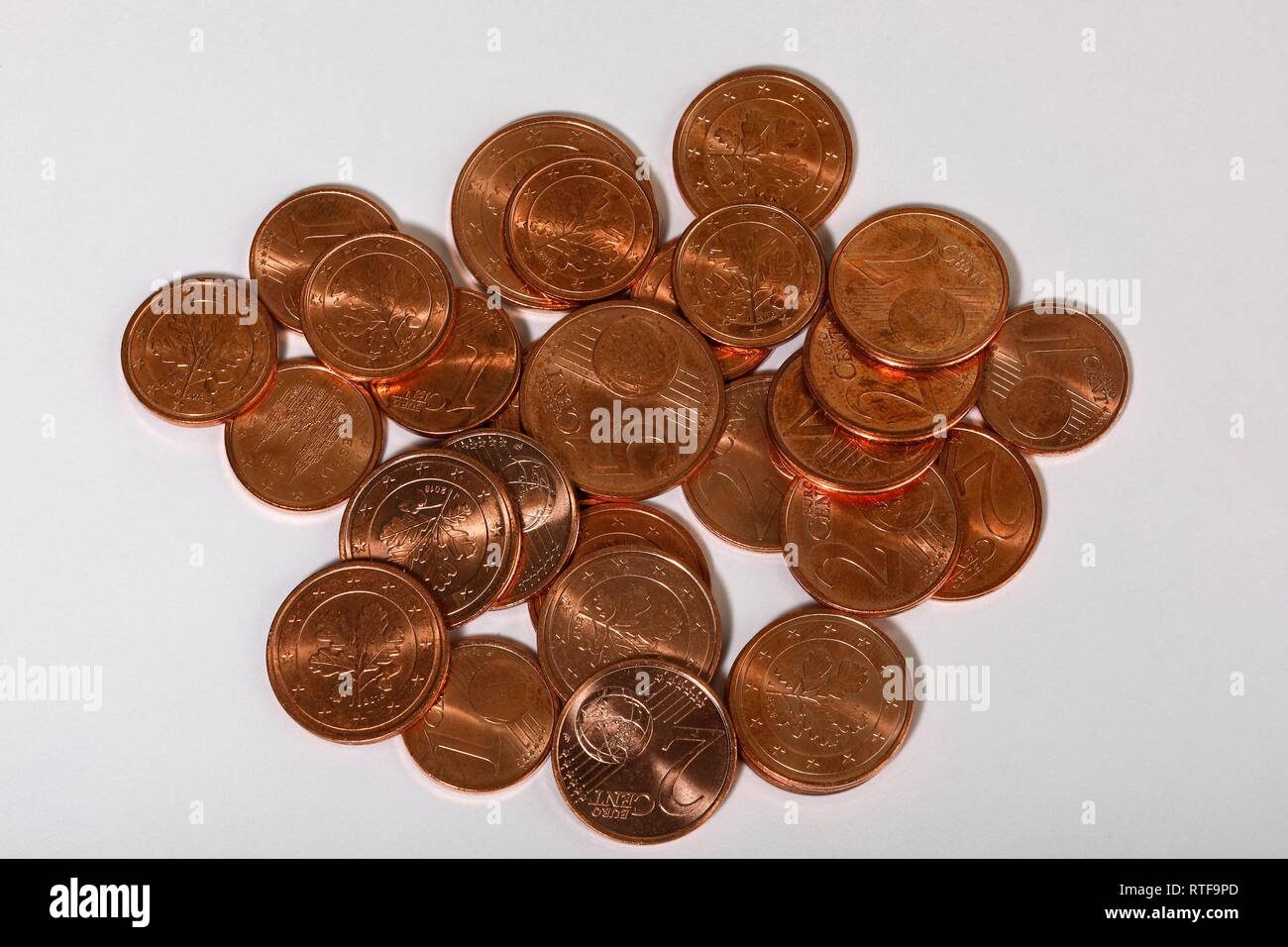 Euro-Cent-Münzen, 1 Cent, 2 Cent und 5-Cent-Münzen, Deutschland Stockfoto