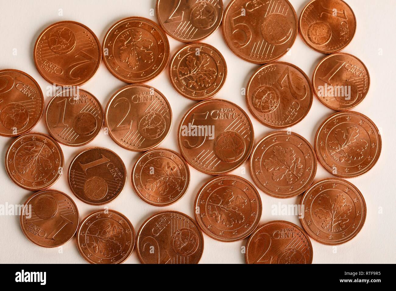 Euro-Cent-Münzen, 1 Cent, 2 Cent und 5-Cent-Münzen, Deutschland Stockfoto