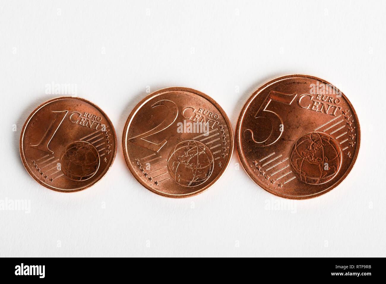 Euro-Cent-Münzen, 1 Cent, 2 Cent und 5-Cent-Münzen, Deutschland Stockfoto