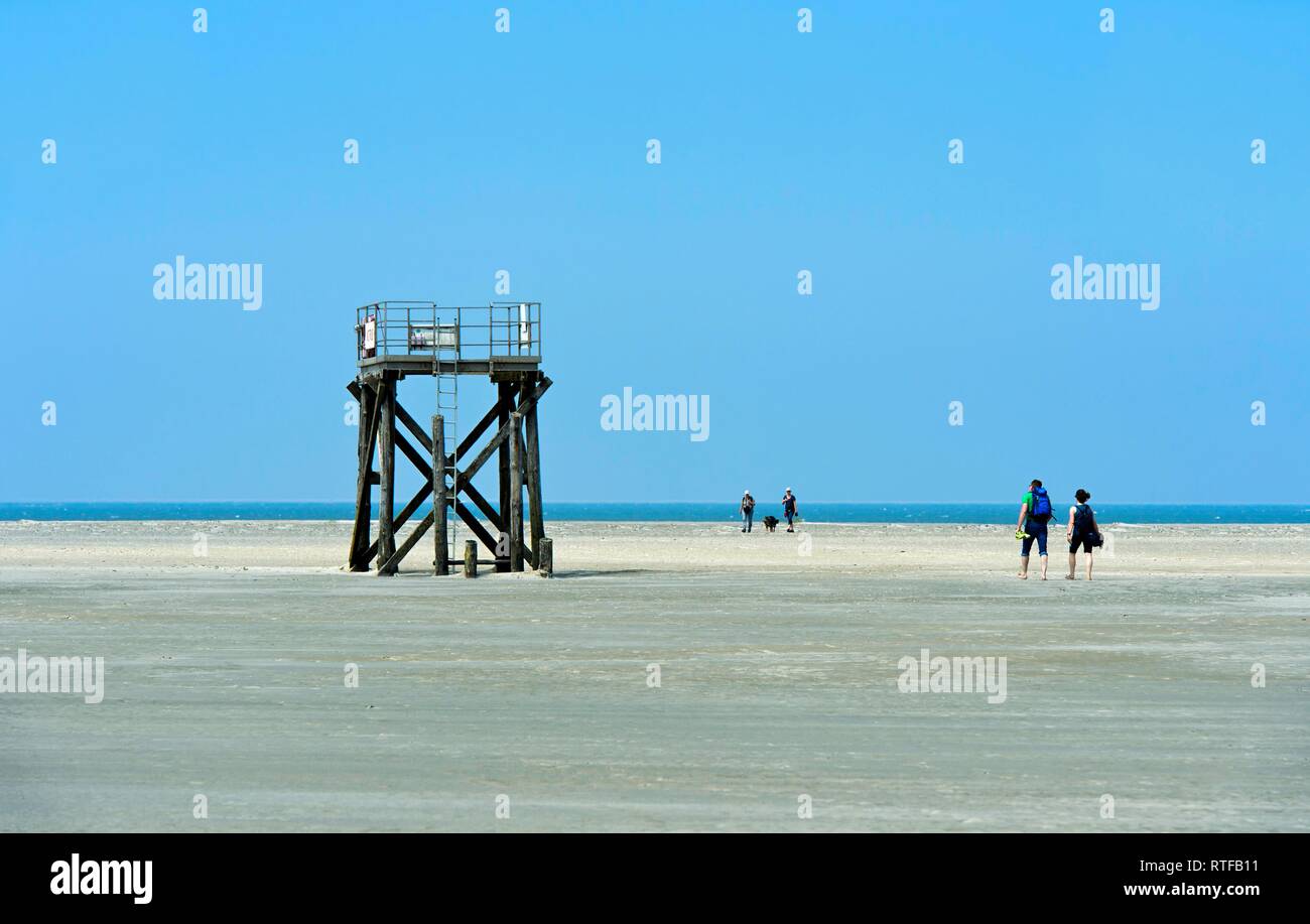 Westerhever Strand Rescue Tower, Nationalpark Schleswig-Holsteinisches Wattenmeer, Leuchtturm Westerhever, Schleswig-Holstein, Deutschland Stockfoto