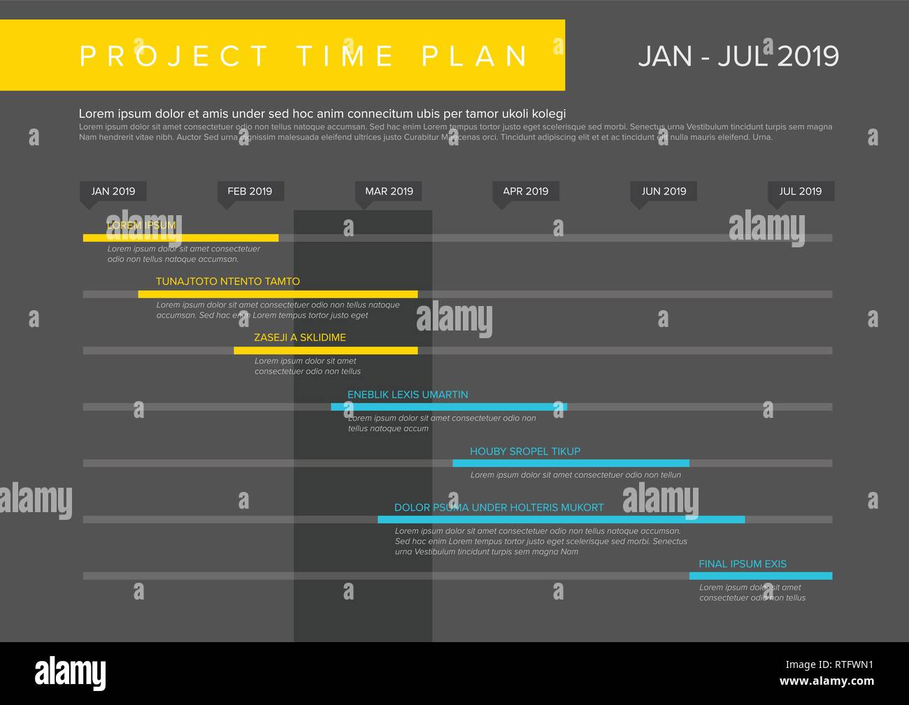 Vektor Projekt timeline Graph - gantt chart Fortschritte des Projekts - dunkel gelb und blau Version Stock Vektor