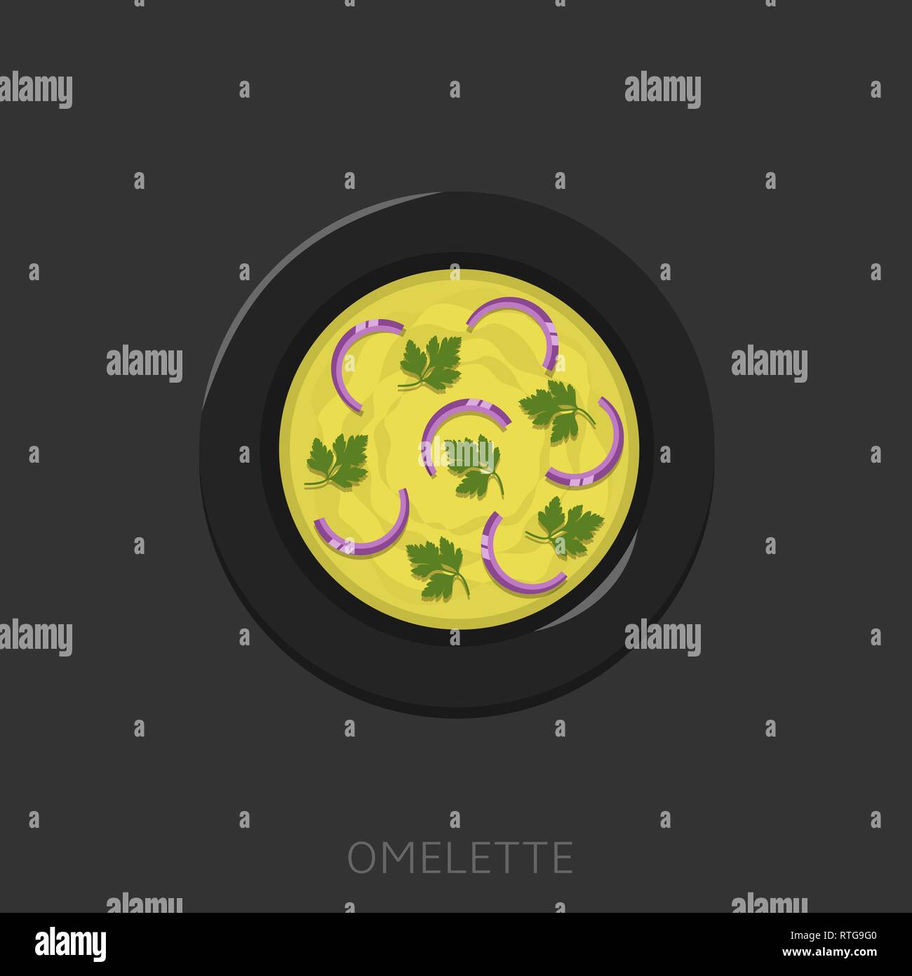 Omelette. Spiegeleier mit grüne Petersilie und Zwiebel in eine schwarze Platte Draufsicht Vector Illustration Stock Vektor