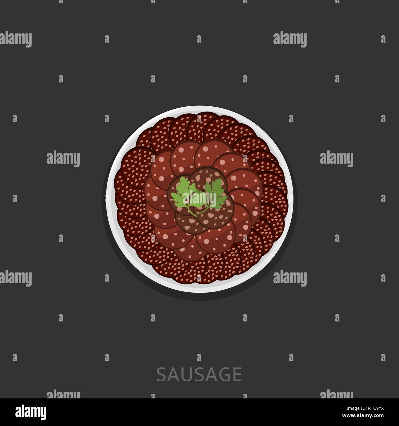 Wurst. Geschnitten Wurst in die weiße Platte Vector Illustration Stock Vektor