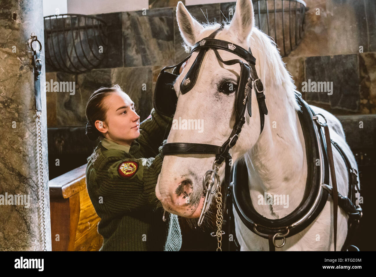 20. Februar 2019. Royal stabil in Dänemark Kopenhagen im Gebiet Christiansborg Slot. Mann junge Frau rider Jockey vorbereiten für ein Zaum, Zaum, oc Stockfoto