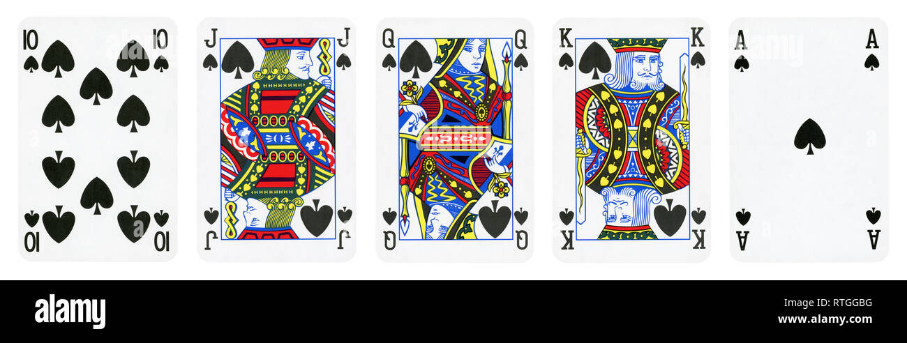 Spaten Suit Spielkarten, gehören die Ass, König, Dame, Bube und Zehn - auf weißen isoliert. Stockfoto