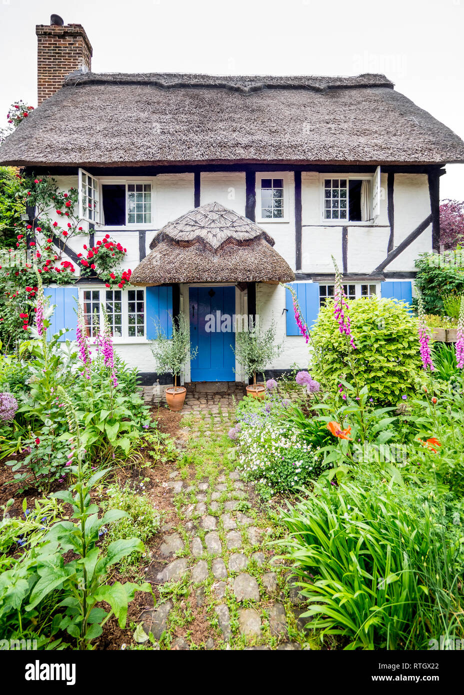 Eine fundamentale Chocolate Box Postkarte typischen reetgedeckten alten Tudor Jacobean Englisch Ferienhaus mit Garten in voller Blüte Stockfoto