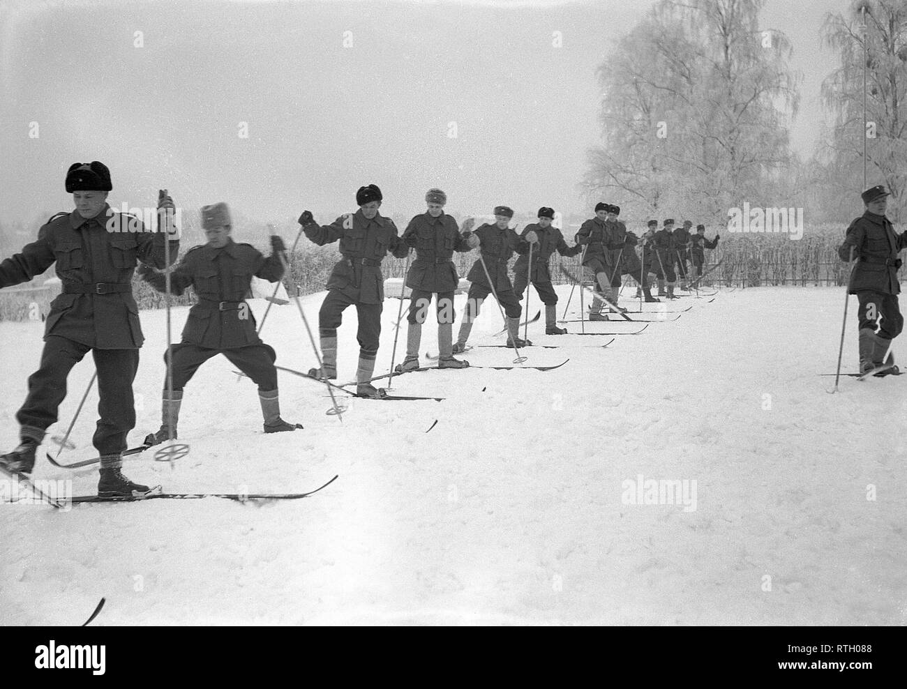 Im Winter Krieg. Ein militärischer Konflikt zwischen der Sowjetunion und Finnland. Es begann mit einer sowjetischen Invasion im November 1939, als sowjetische infantery die Grenze auf der Karelischen Landenge gekreuzt. Über 9500 Schwedische freiwillige Soldaten im Krieg teilgenommen. Abgebildeten Kanadischen freiwilligen Soldaten auf Skiern. Januar 1940. Foto Kristoffersson ref 100-12. Stockfoto