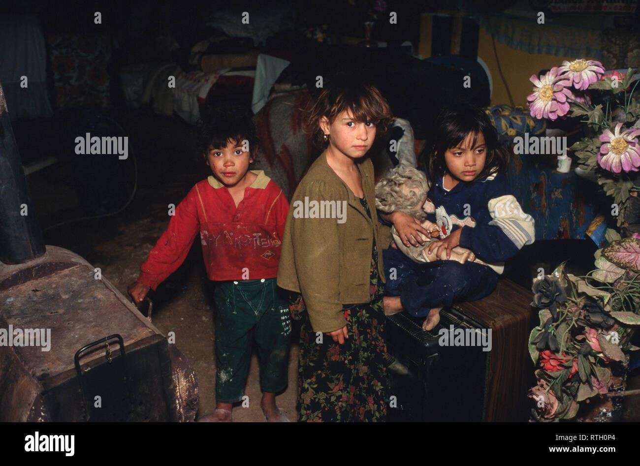 Gypsy Kinder zu Hause in Ihrer Hütte aus Holz und Plastikplanen, Aspropyrgos Zigeunerlager, Athen, Griechenland. Stockfoto