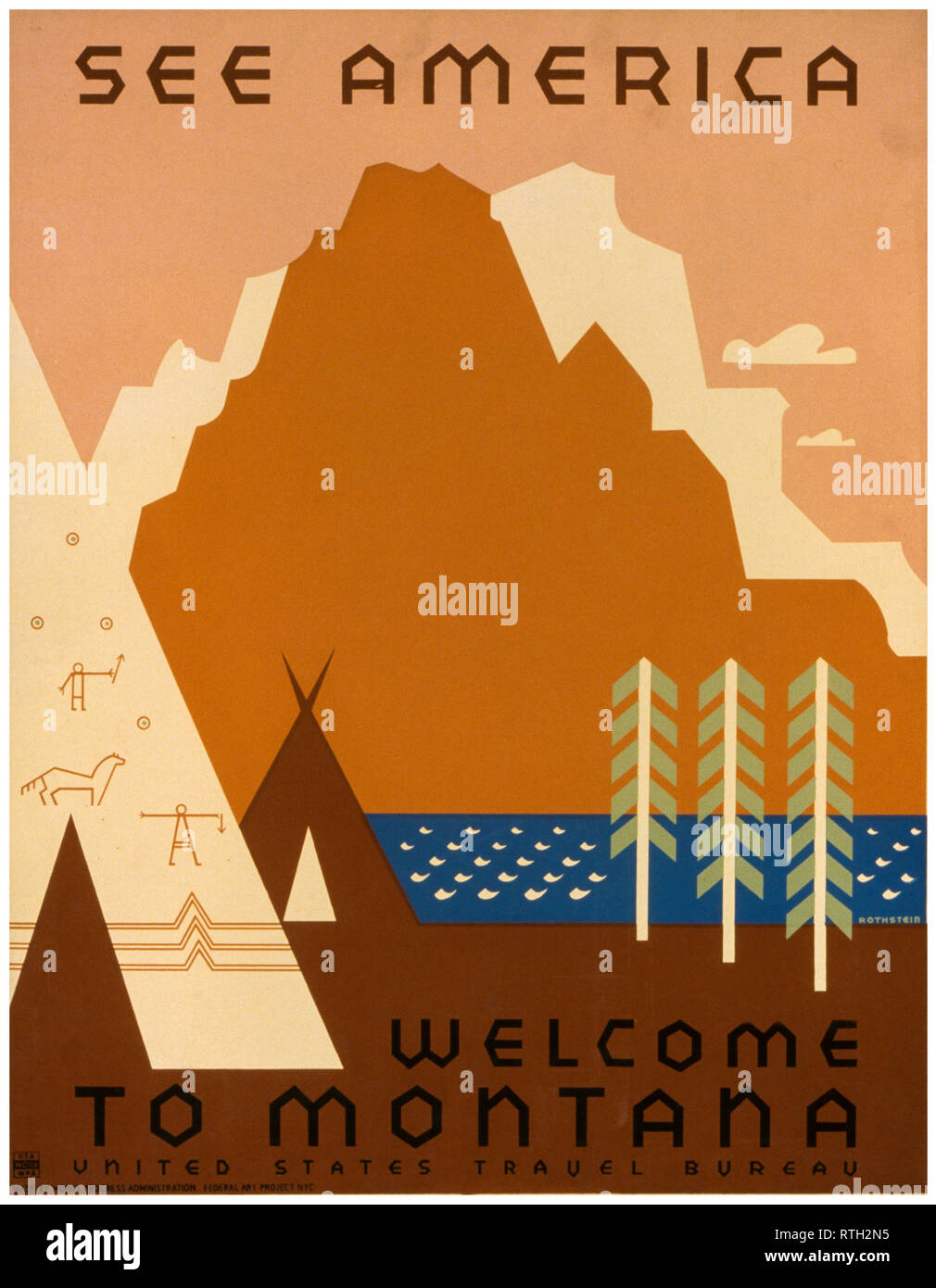 Siehe Amerika, Willkommen in Montana, Vintage Travel Poster, Rothstein, 1936-1938 Stockfoto