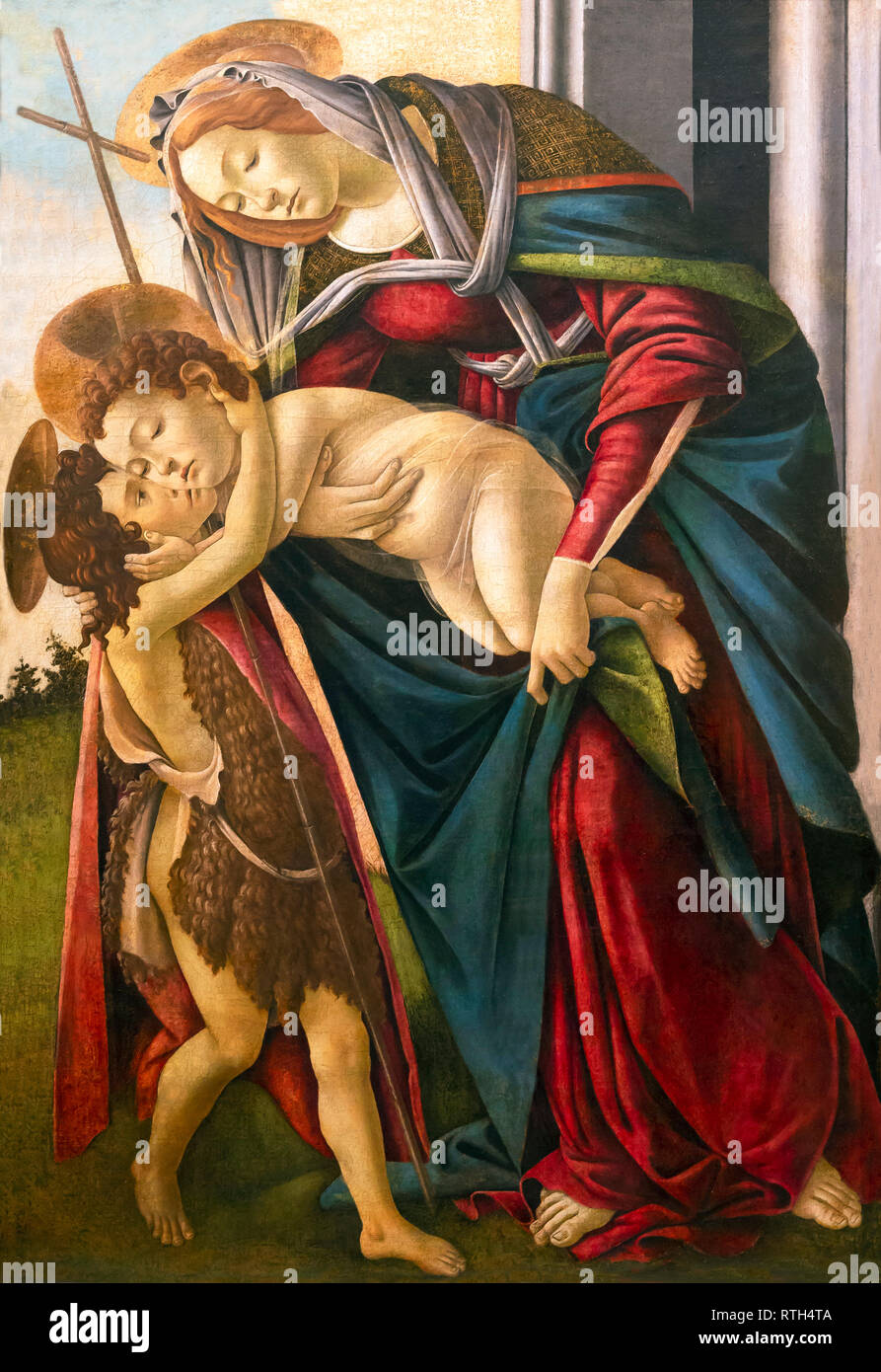 Die Madonna mit Kind und den Säugling der hl. Johannes der Täufer, Sandro Botticelli, 1480, Stockfoto