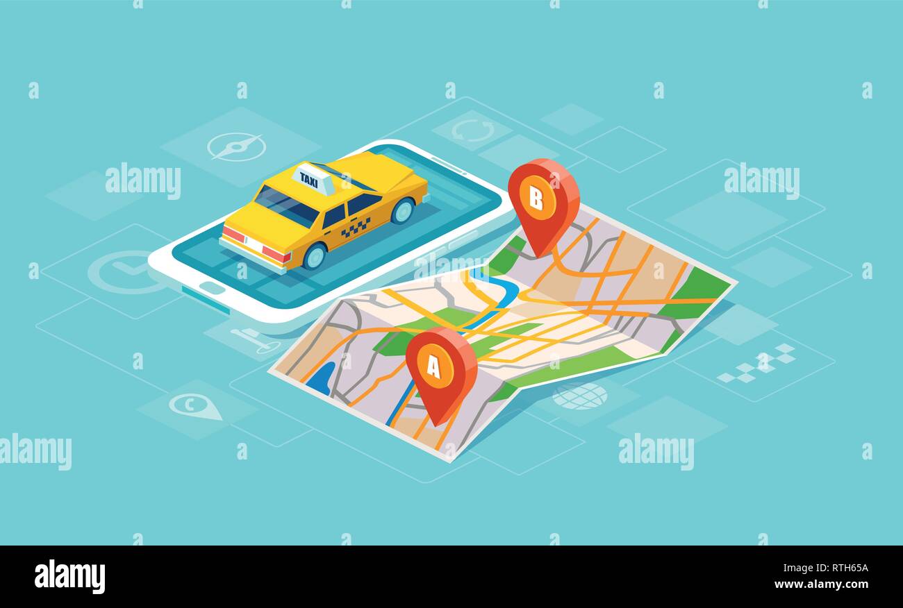 Geo-Tracking. Online Taxi oder Service app Konzept. Vektor eines Yellow Cab und GPS-Route point Pins auf dem Smartphone Stock Vektor