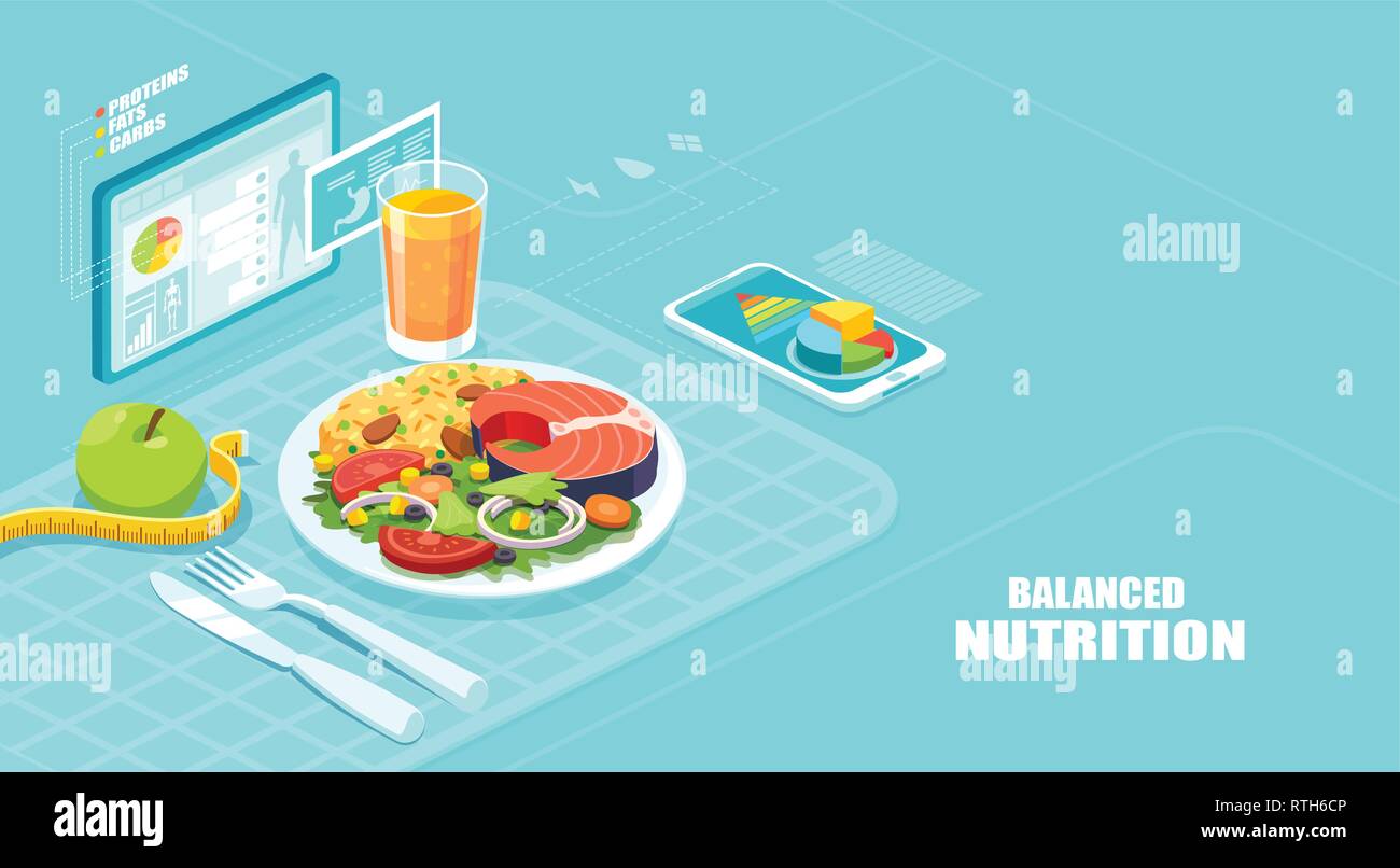 Gesunde und ausgewogene Ernährung und Gewichtsabnahme Konzept. Isometrische Vektor eines Ernährung app Ernährung Fakten und Unterstützung in Kalorien zählen von Stock Vektor