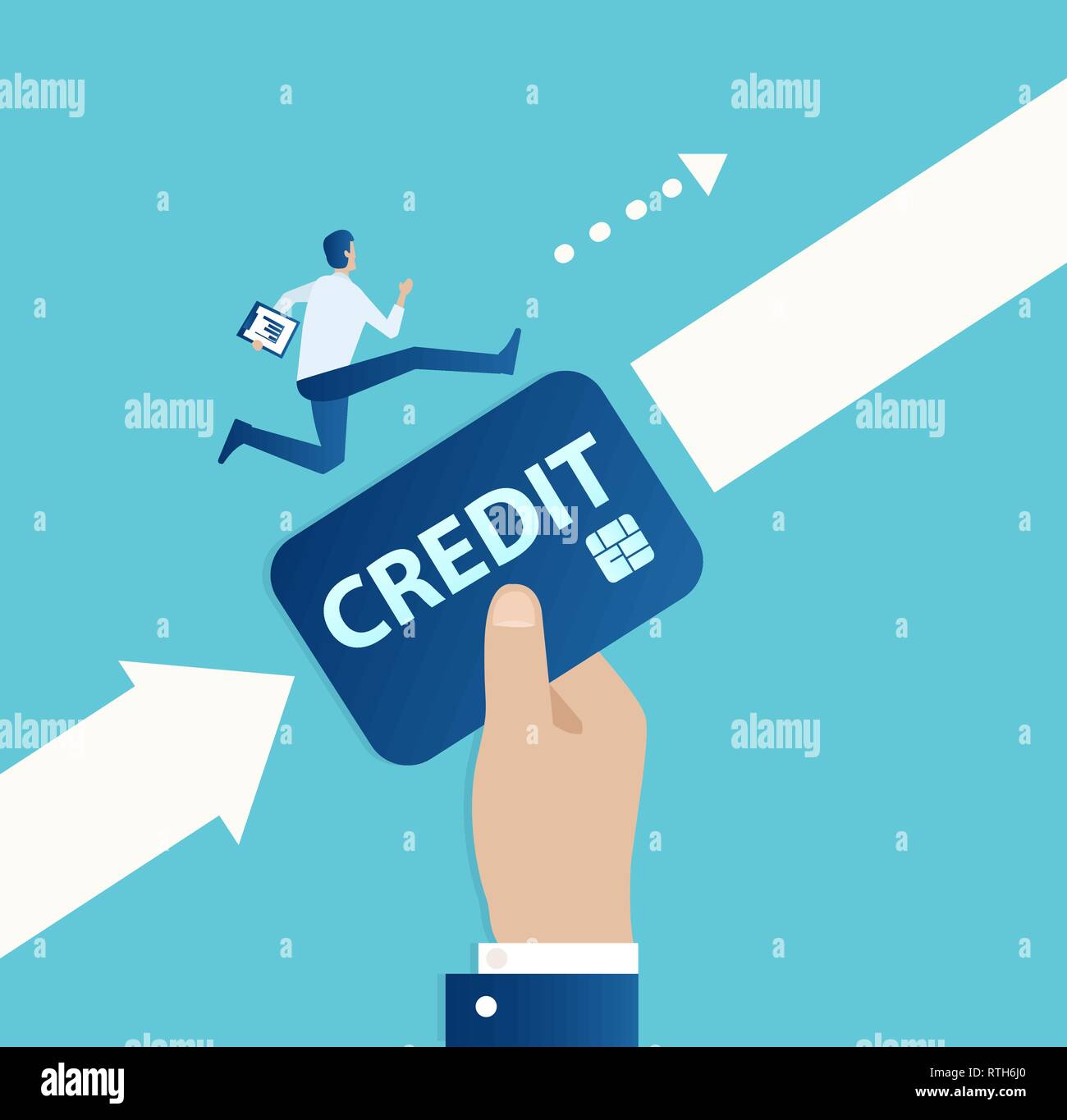 Finanzielle Unterstützung Konzept. Der Vektor der Eine große hand mit Kreditkarte unterstützen Unternehmer ein Start Ziel zu erreichen. Stock Vektor