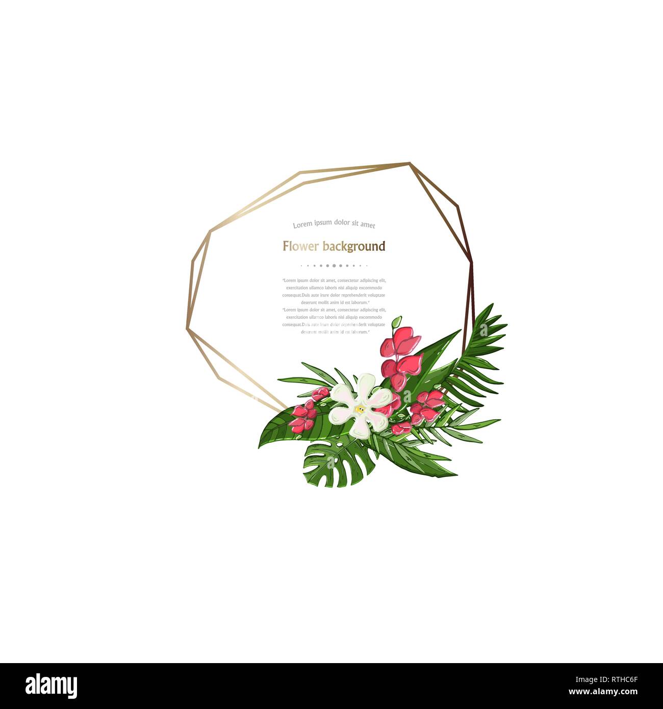 Vektor gold polygonalen trendy geometrischen Rahmen mit tropischen Blumen, Blumenstrauß auf einem weißen Hintergrund. Monstera Blatt, Hibiskus Blumen Stock Vektor