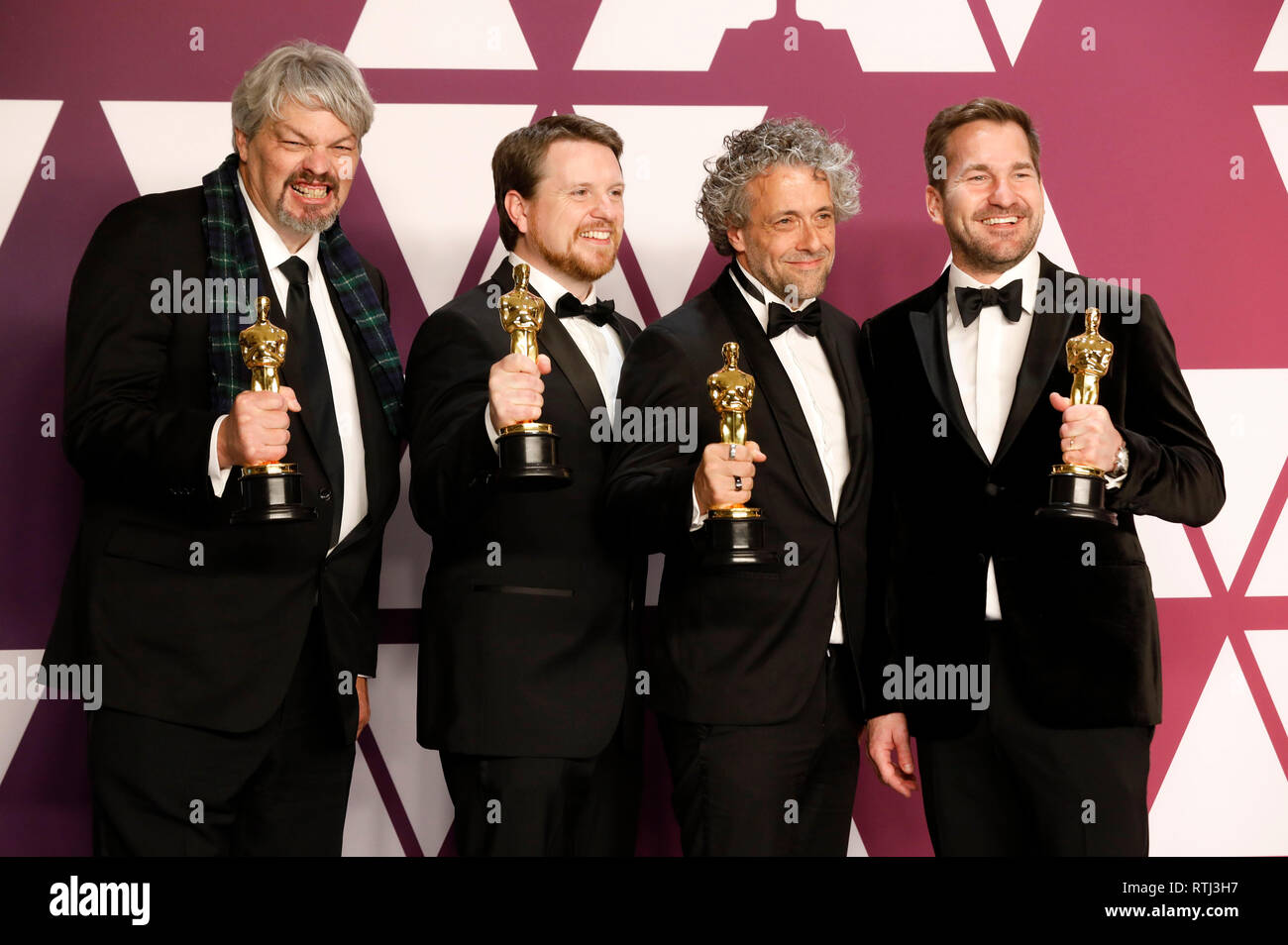 Ian Hunter, Tristan Myles, Paul Lambert und J. D. Schwalm, Gewinner der Beste Visuelle Effekte für die "ersten Menschen", stellen in der Presse Zimmer auf der 91. jährlichen Academy Awards in Hollywood und Highland Center am Februar 24, 2019 in Hollywood, Kalifornien. Stockfoto