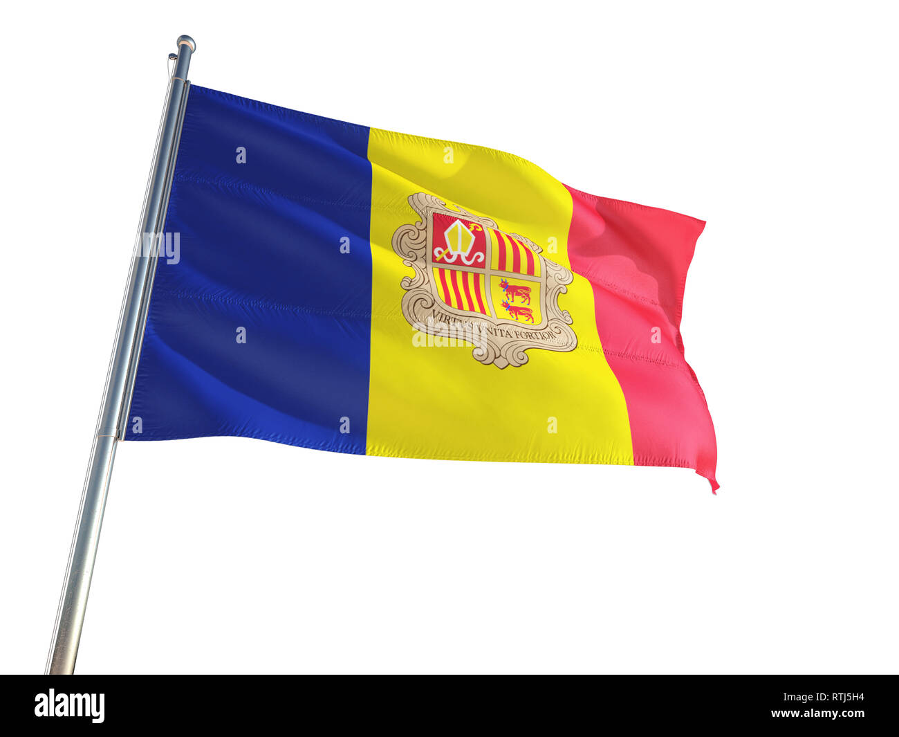 Andorra Flagge im Wind, isolierten weißen Hintergrund. High Definition Stockfoto