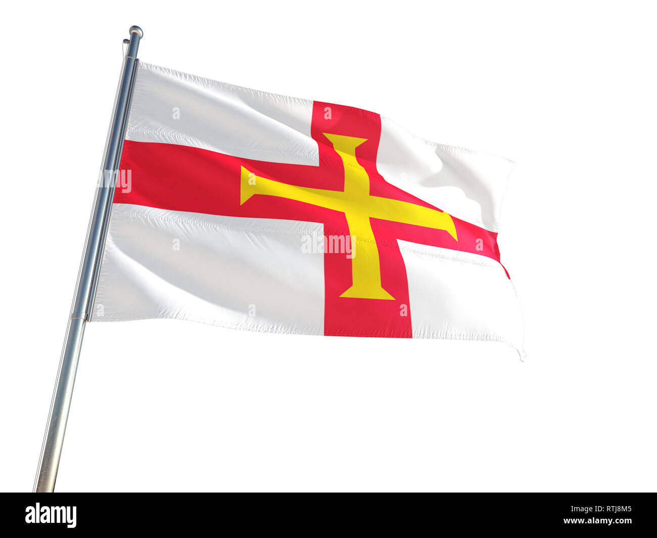 Guernsey Nationalflagge winken im Wind, isolierten weißen Hintergrund. High Definition Stockfoto