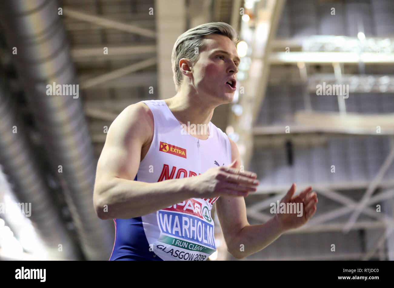 Norwegens Karsten Warholm im 400 m Männer Halbfinale Wärme 2 während des Tages eine der Europäischen Indoor Leichtathletik WM im Emirates Arena, Glasgow. Stockfoto