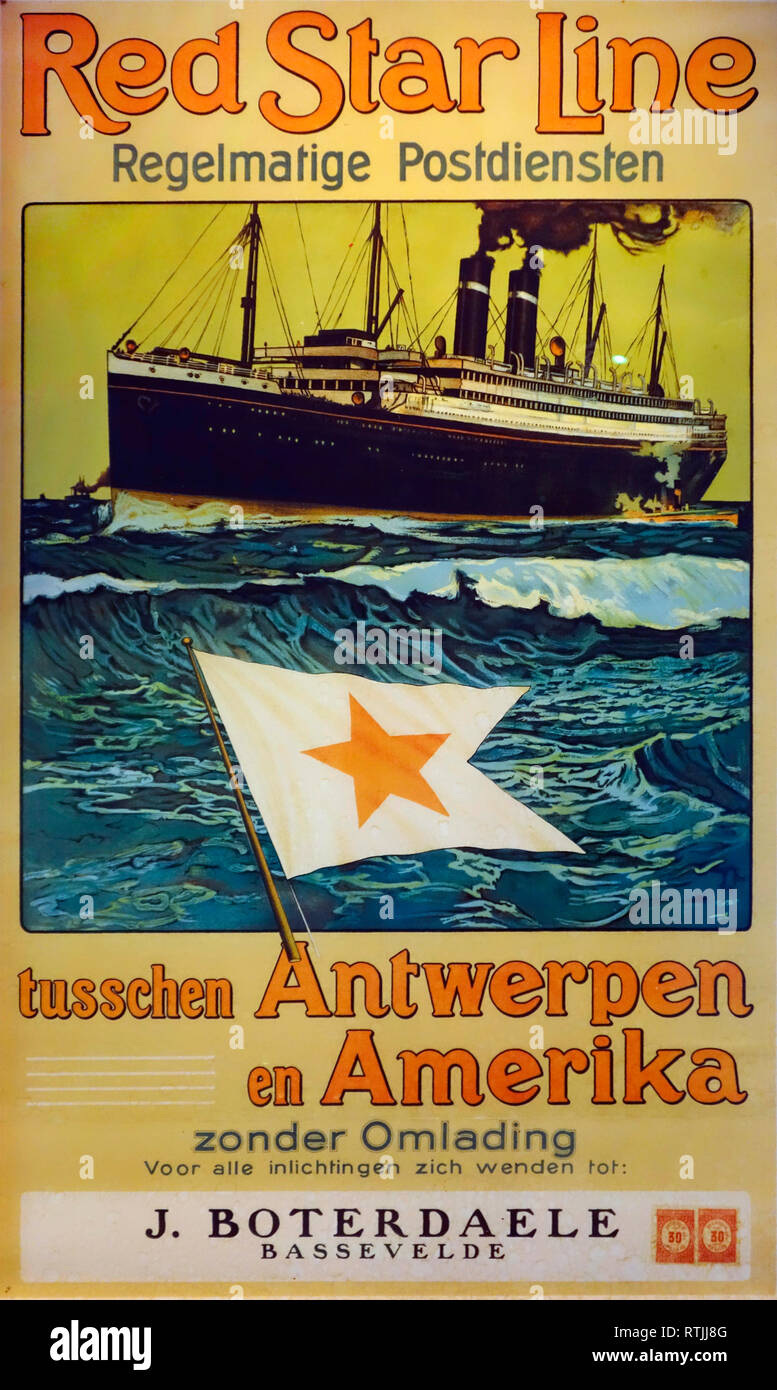 19 Vintage Poster der Red Star Line Werbung Kreuzungen unter belgischer Flagge zwischen Antwerpen und den Vereinigten Staaten Stockfoto