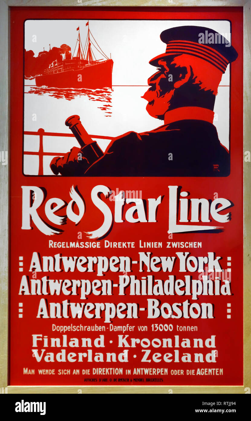 19 Vintage Poster der Red Star Line Werbung Kreuzungen unter belgischer Flagge zwischen Antwerpen und den Vereinigten Staaten Stockfoto