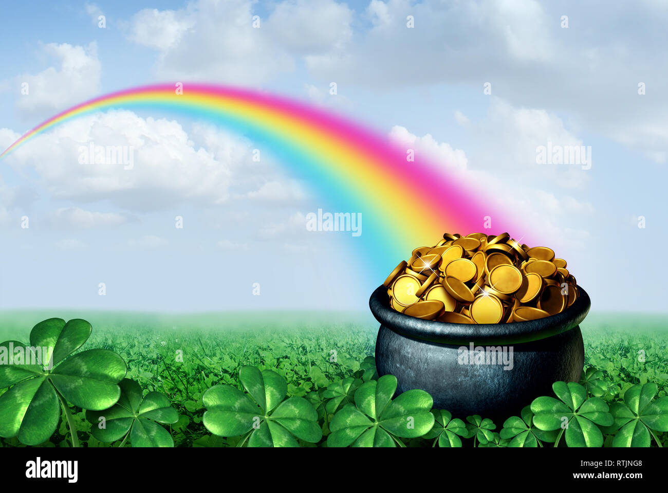 Topf voll Gold am Ende des Regenbogens Saint Patricks Day Konzept mit einem grünen Klee Feld auf einem goldenen Schatz als Symbol für den Frühling und Glück. Stockfoto