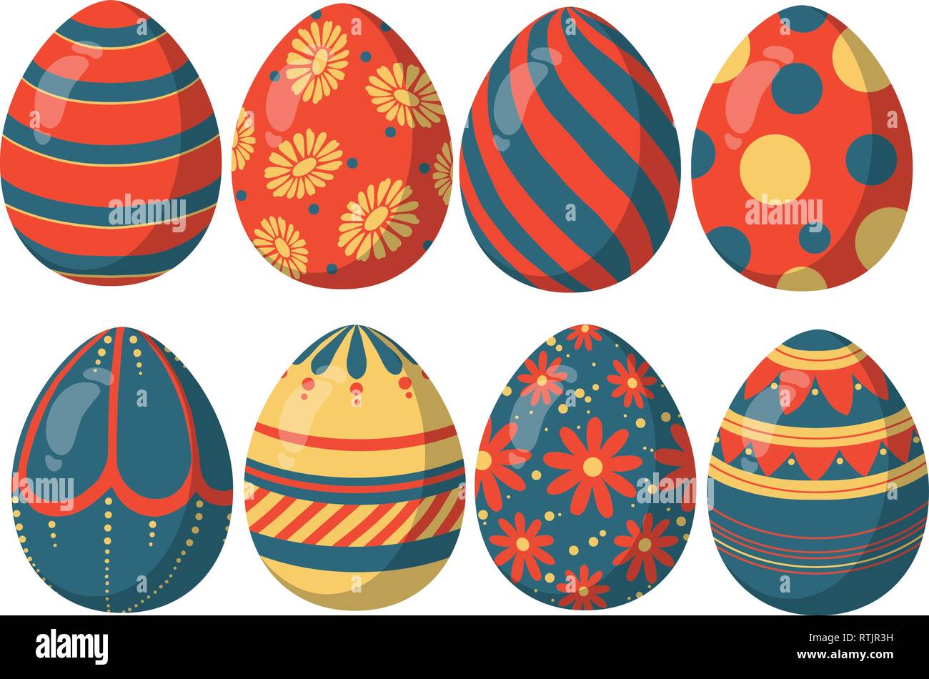 Bunte Rot, Blau und golden glänzenden Vektor Sammlung Mix aus Ostereier mit verschiedenen schönen Mustern Stock Vektor