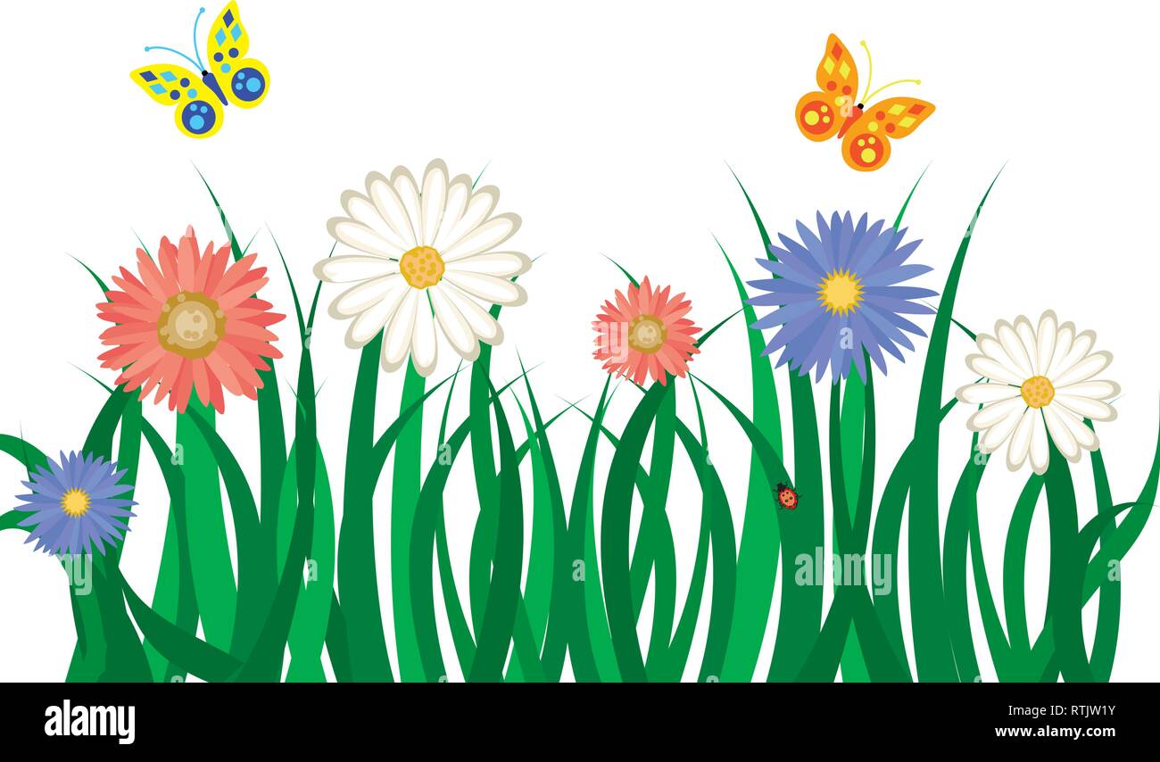 Floral background mit Gras, Blumen und Schmetterlinge. Vector Illustration Stock Vektor