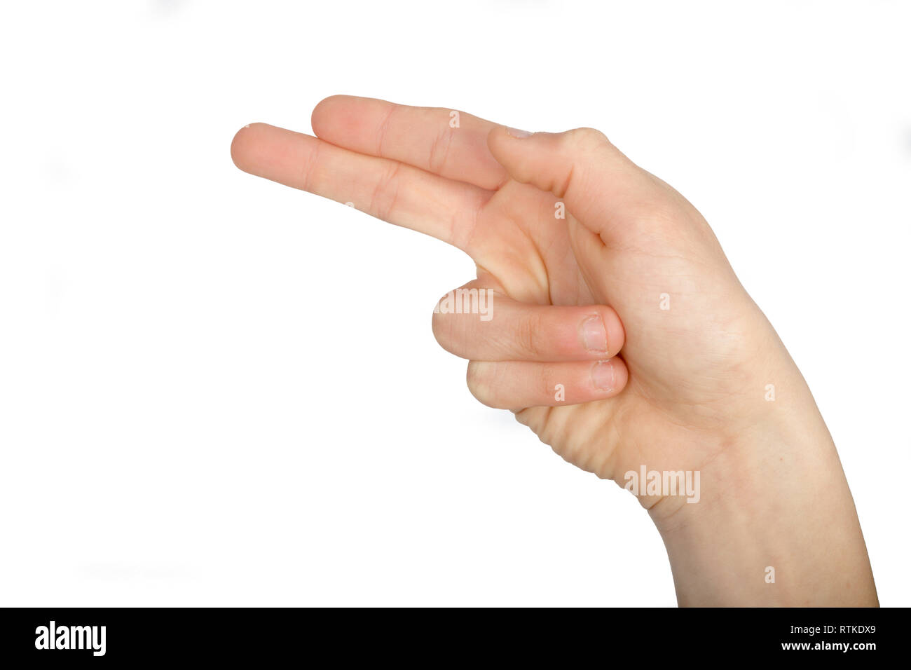 Kaukasische Hand tun, die American Sign Language zeigt das Symbol für die H Stockfoto