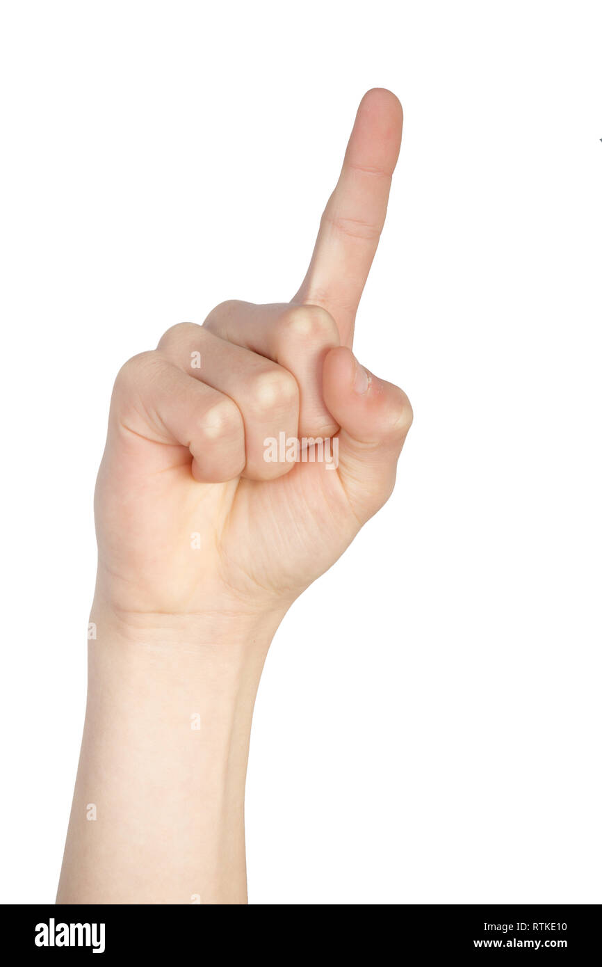 Kaukasische Hand tun, die American Sign Language zeigt das Symbol für den 1. Stockfoto