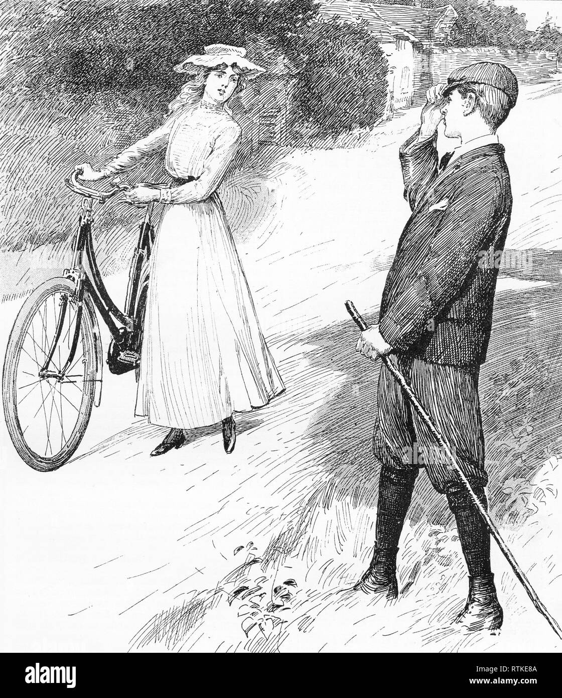 Gravur eines jungen Mannes Gruß ein Mädchen mit einem Fahrrad auf der Straße. Von Chatterbox Magazin, 1905 Stockfoto