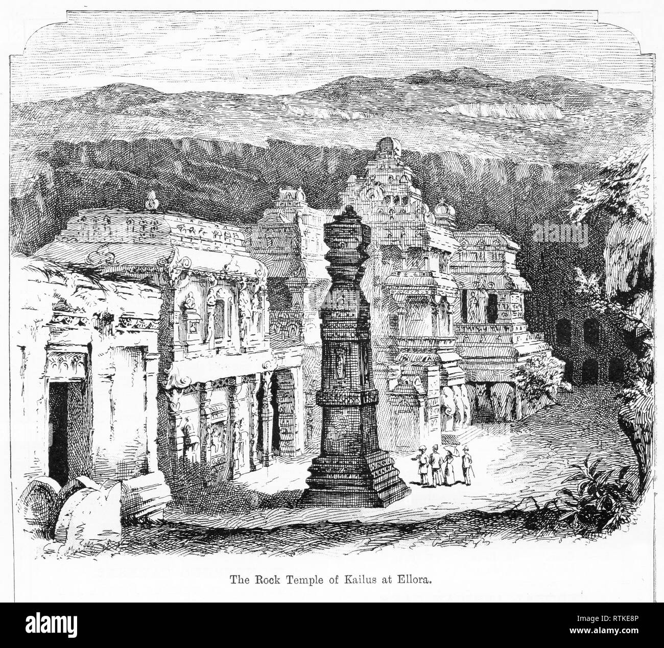 Gravur der hinduistischen Kailasa Tempel in Bucine, geschnitzte Mt zu vertreten. Kailasa, das Haus des Gottes Shiva in den Himalaya. Es ist die größte monolithischen Struktur in der Welt, geschnitzt von oben nach unten von einer einzigen Rock. Von Chatterbox Magazin, 1905 Stockfoto