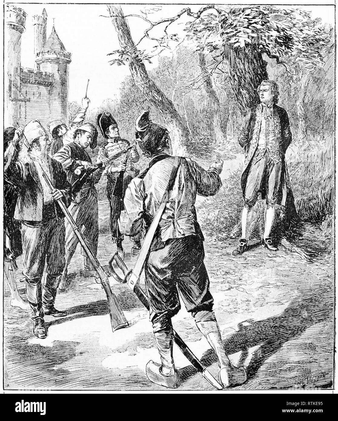 Gravur einer Gruppe deutscher Soldaten vorbereiten ein Edelmann von erschießungskommando auszuführen. Von Chatterbox Magazin, 1905 Stockfoto